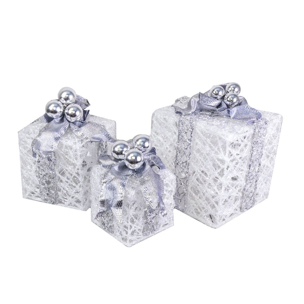 Novelty Lights LED Pre-Lit Twinkle Glittered White Gift Boxes at Christmas for Under Tree Decoration, 70 lights, Pure White, Set of 3