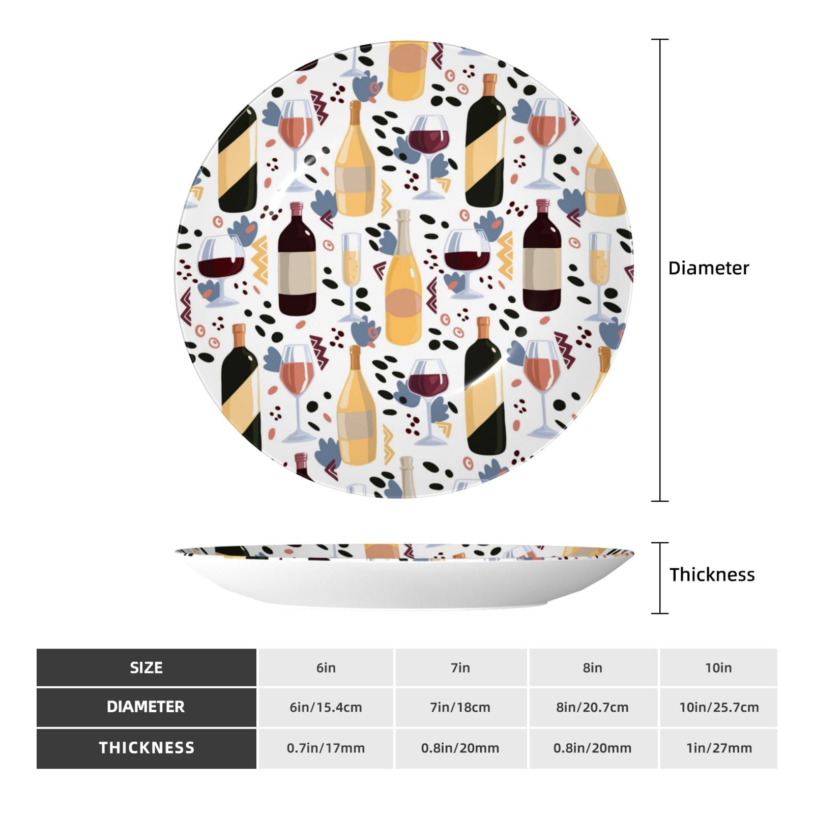Cauagu Wine Bottles Glasses Print Bone China Decorative Plate, Wall Mount Plate Holiday Decor Decorative Ceramic Plates with Stand Elegant Household Plates Decorative-8in