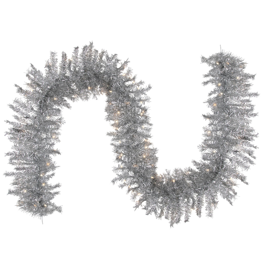 Northlight Prelit Clear Incandescent Corded Tinsel Artificial Christmas Garland, 4" (Silver)