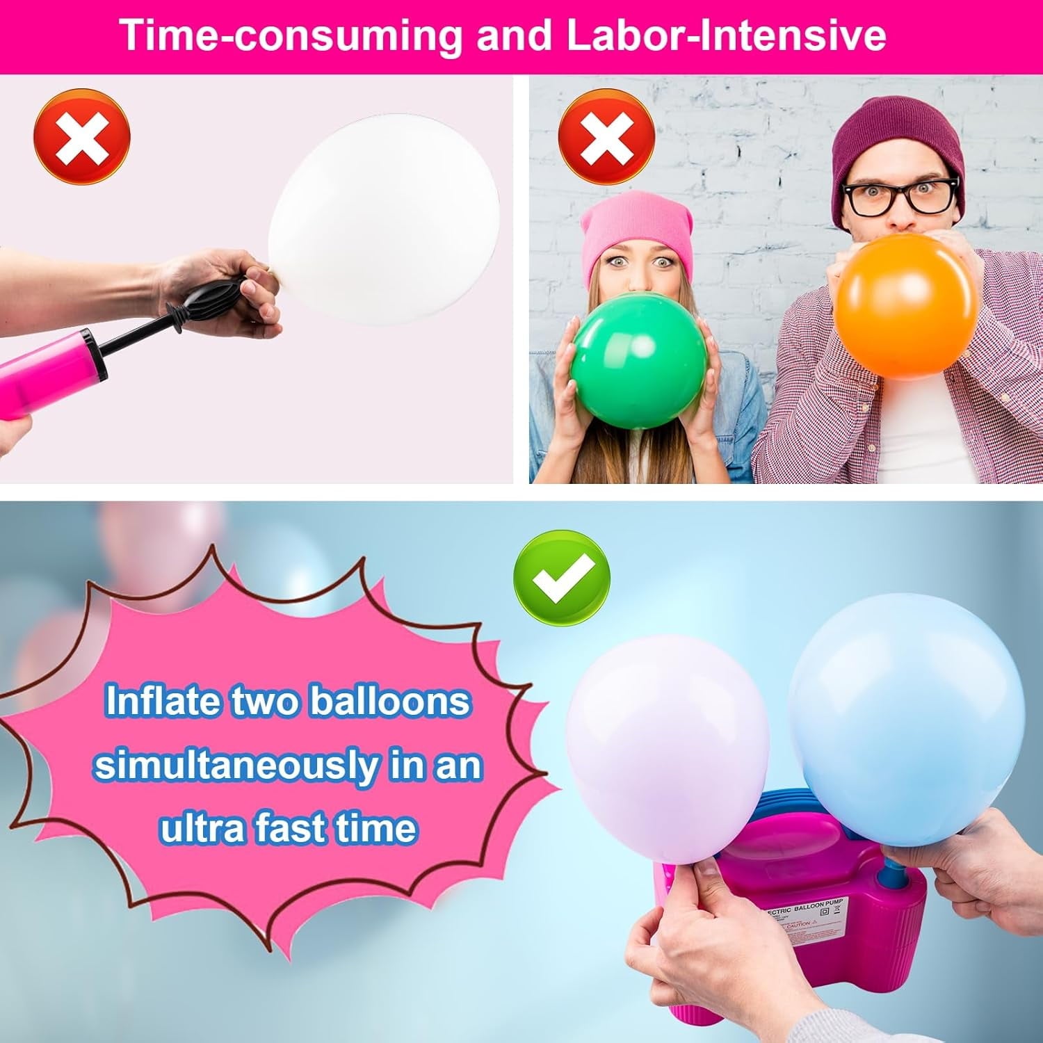 Electric Balloon Pump, Portable Dual Nozzle Electric Air Balloon Pump Inflator Blower Machine for Party Decorations, Rose Red 110V 600W with 2 Tying Tools
