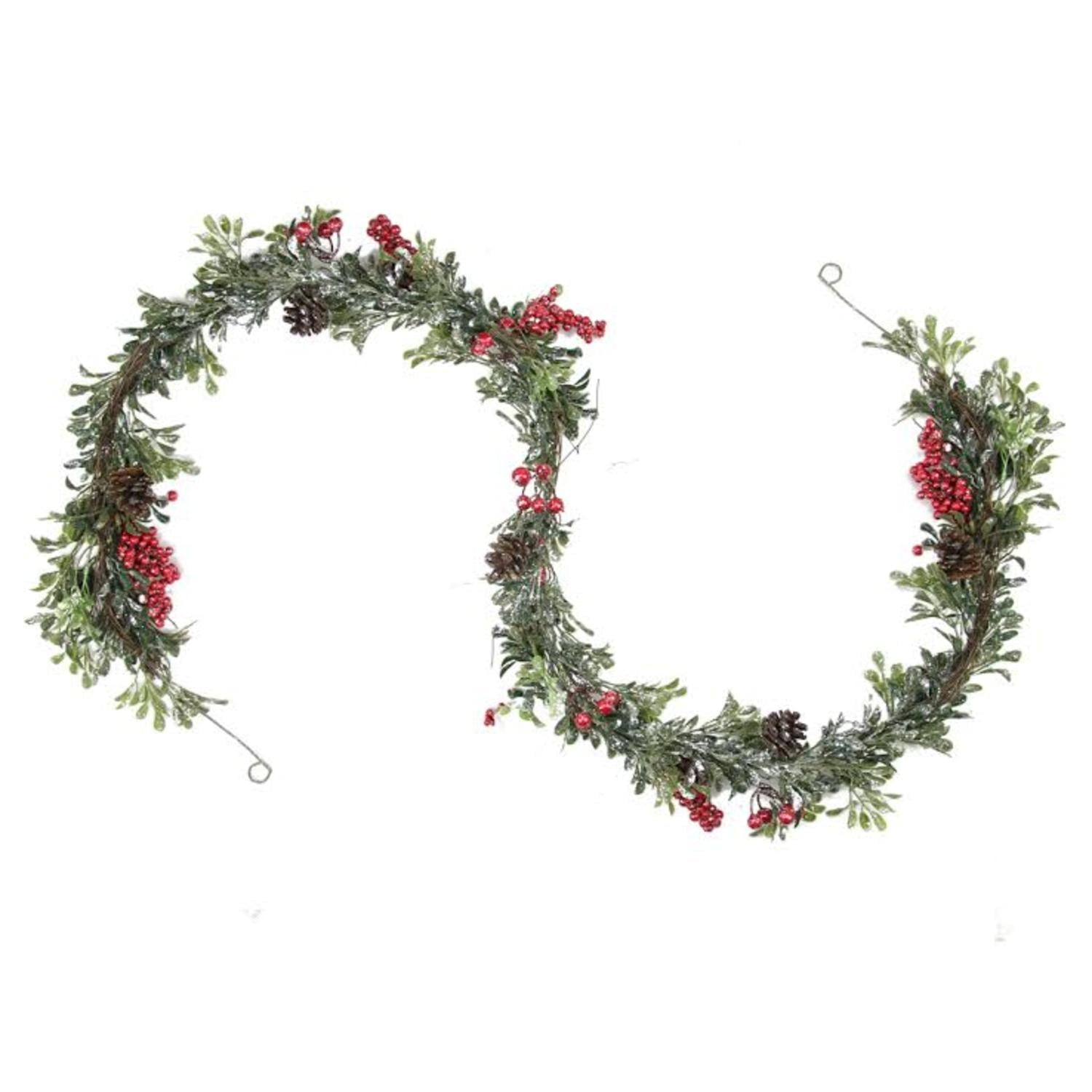 6' Glittered Artificial Boxwood Pine Cone and Red Berry Christmas Garland- Unlit