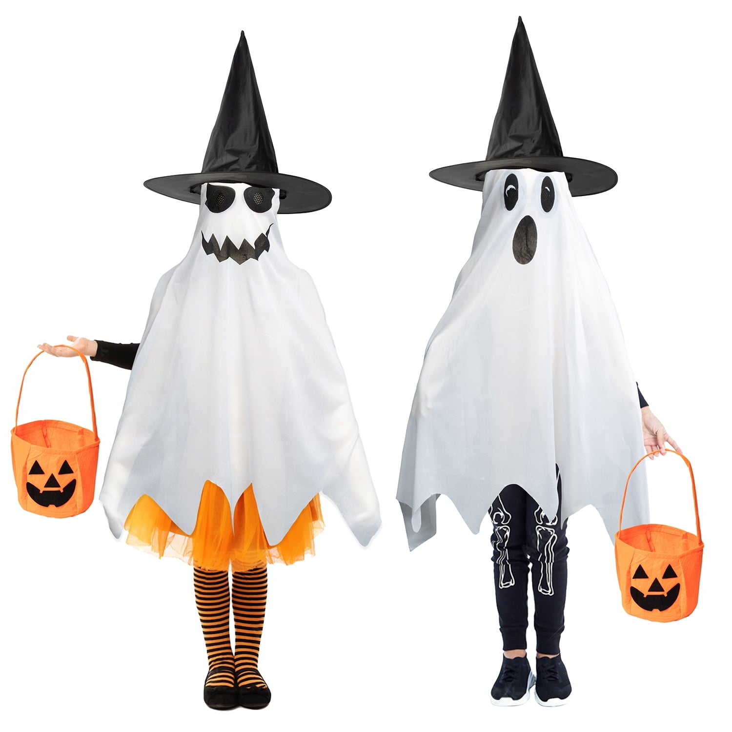 6 Piece Spooky Double Dress Up for Boys&Girls, Hat White Cloak Pumpkin Bag Set for Horror Themed Party Decor