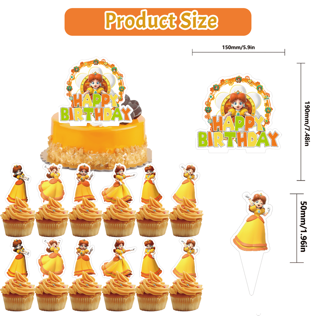 82PCS For Princess Daisy Theme Birthday Party Decorations,Party Supply Set for Kids with 1 Happy Birthday Banner Garland,50 Stickers,18 Balloons,13 Cupcake Toppers