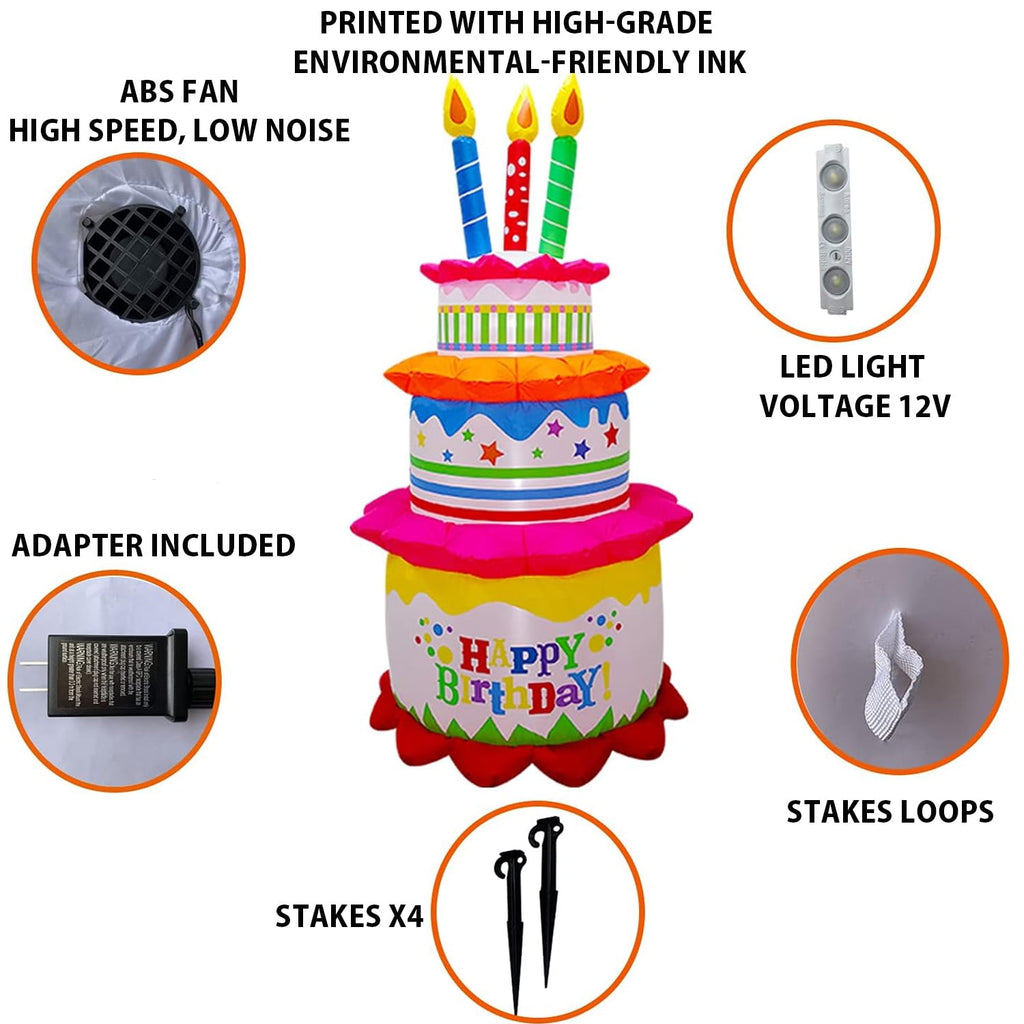 Garnen 6Ft Inflatable Happy Birthday Decorations Balloons For Kids, LED Happy Birthday Cake, Birthday Sign Balloons, Outdoor Theme Party