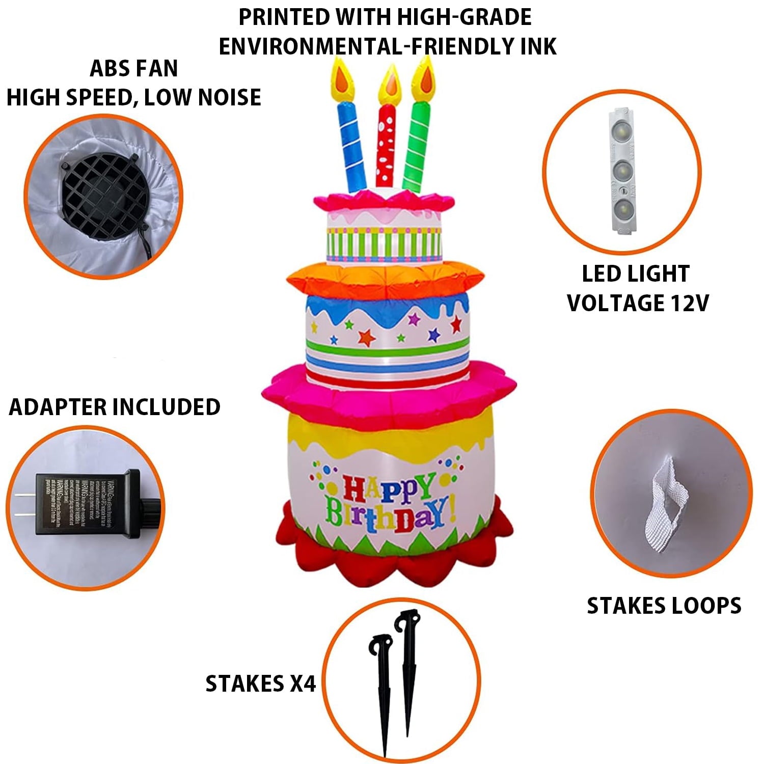 Garnen 6Ft Inflatable Happy Birthday Decorations Balloons For Kids, LED Happy Birthday Cake, Birthday Sign Balloons, Outdoor Theme Party