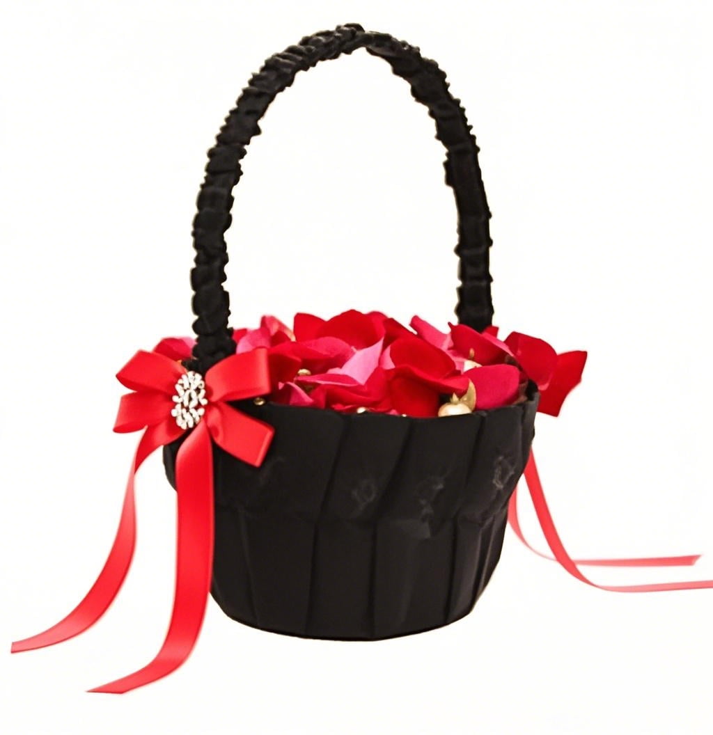 4Pcs Black Wedding Supplies Set Flower Girl Basket + Ring Bearer Pillow + Guest Book + Pen Set Holder for Bridal Wedding Shower Ceremony Anniversary Celebrations Party Decorations