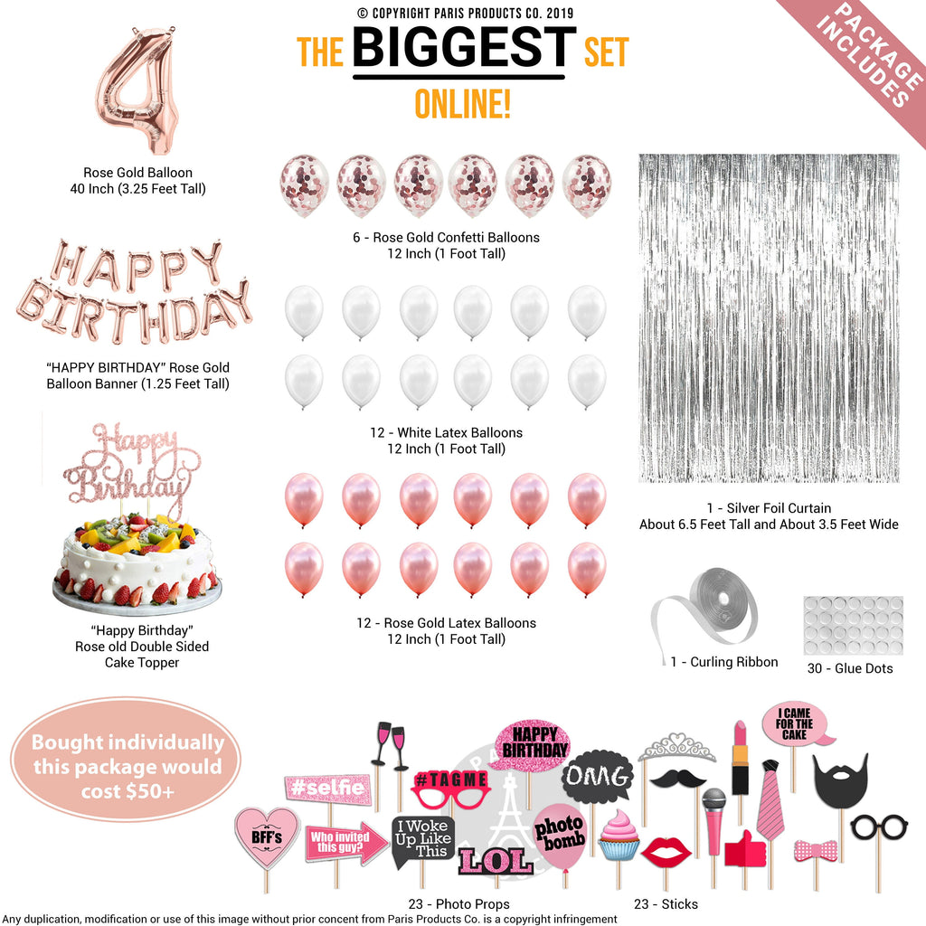 4th Birthday Decorations Party Supplies, Rose Gold 4Number Balloons 4th Foil Mylar Balloons Latex Balloon Decoration 4th Birthday Gifts
