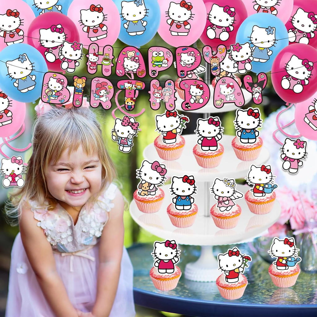 Kitty Birthday Party Supplies, Party Decorations Set Include Banner, Balloons, Hanging Swirls, Cake Cupcake Toppers, Tablecloth for Girls Kitty Theme Party