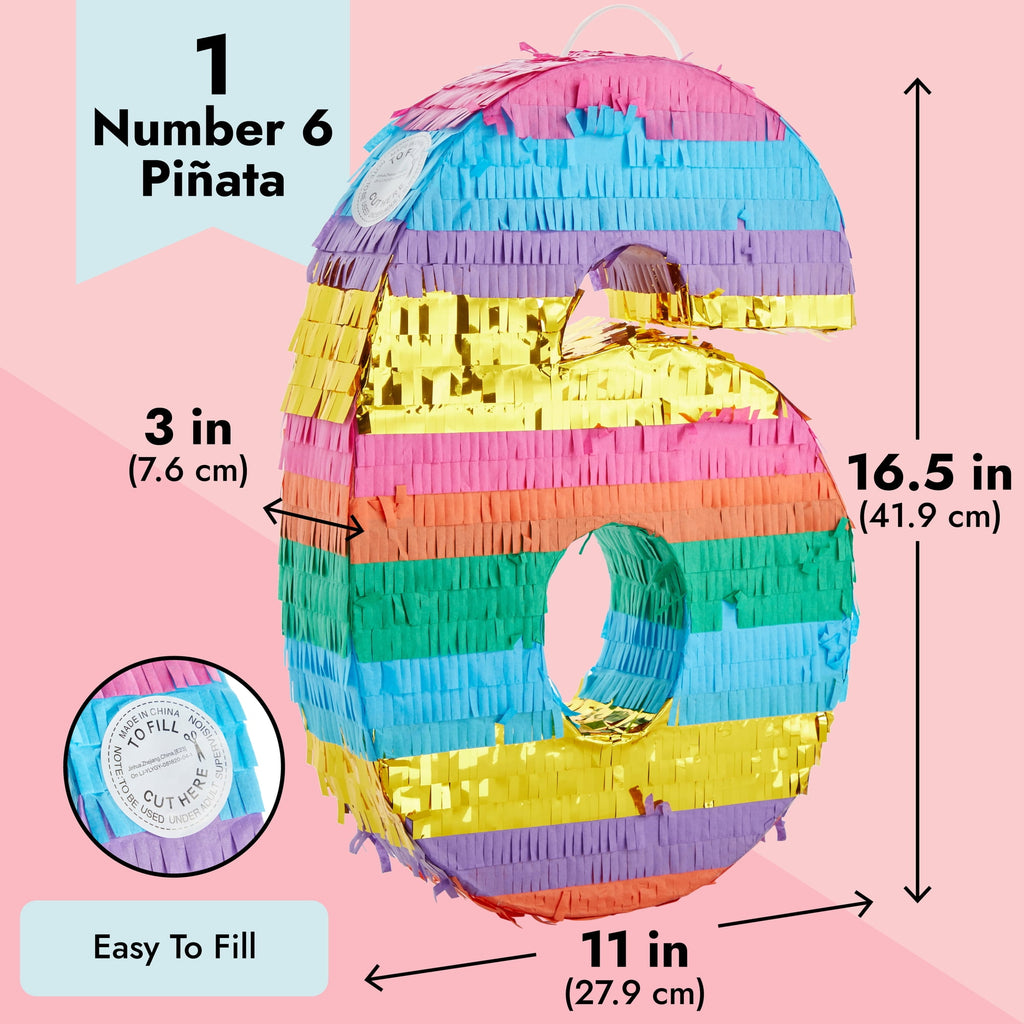 BLUE PANDA Rainbow Number 6 Pinata for Kids Ages 3-14 Birthday Party Supplies, Fiesta, Anniversary Celebration, Small (11.3 x 16.5 x 3 In)