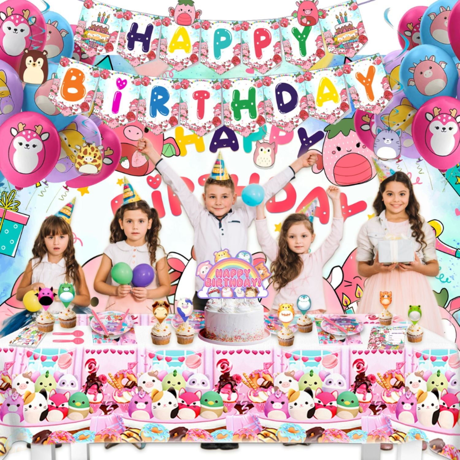 201 Pcs  Squishmallow Birthday Party Decoration, Squishmallow Party Supplies, Party Decorations for Kids Boys Girls Party Favor Include Birthday Banner, Balloons, Backdrop, Cake Topper, Sticker