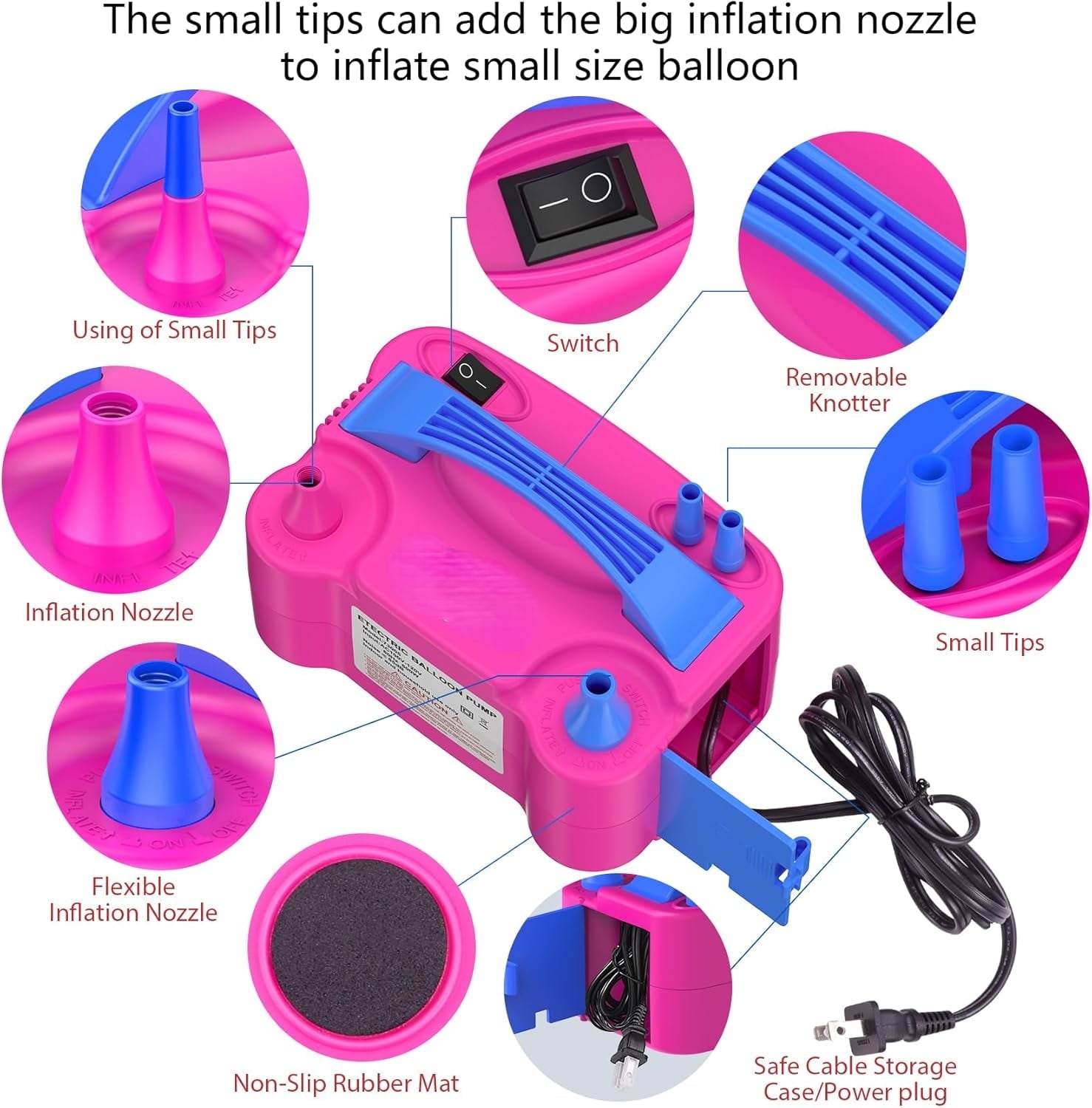 Electric Balloon Pump, Portable Electric Balloon Blower Machine Balloon Air Pump Dual Nozzle Rose Red 110V 600W Balloon Inflator for Party Decorations