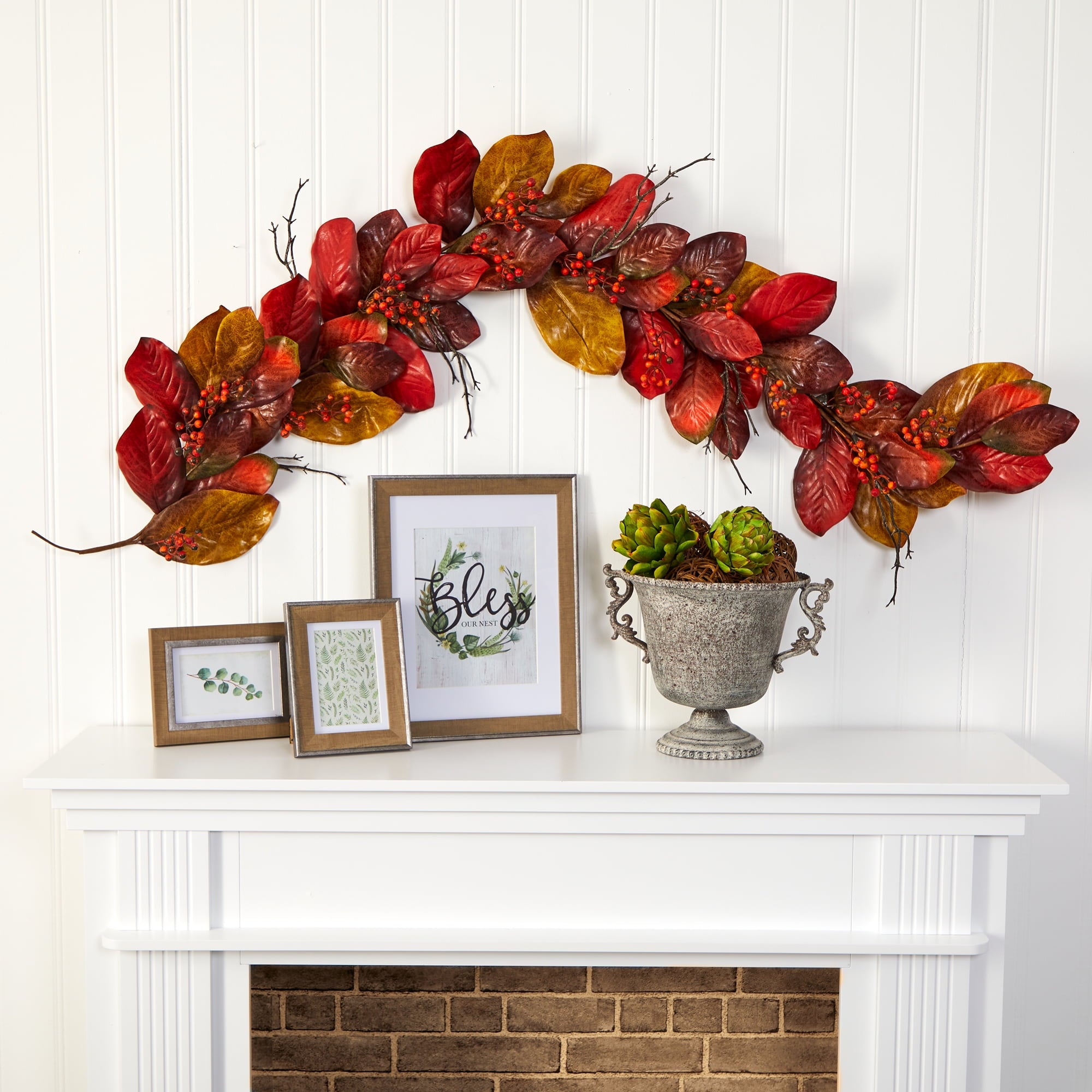 Nearly Natural 6' Harvest Magnolia Leaf with Berries Artificial Garland, Orange