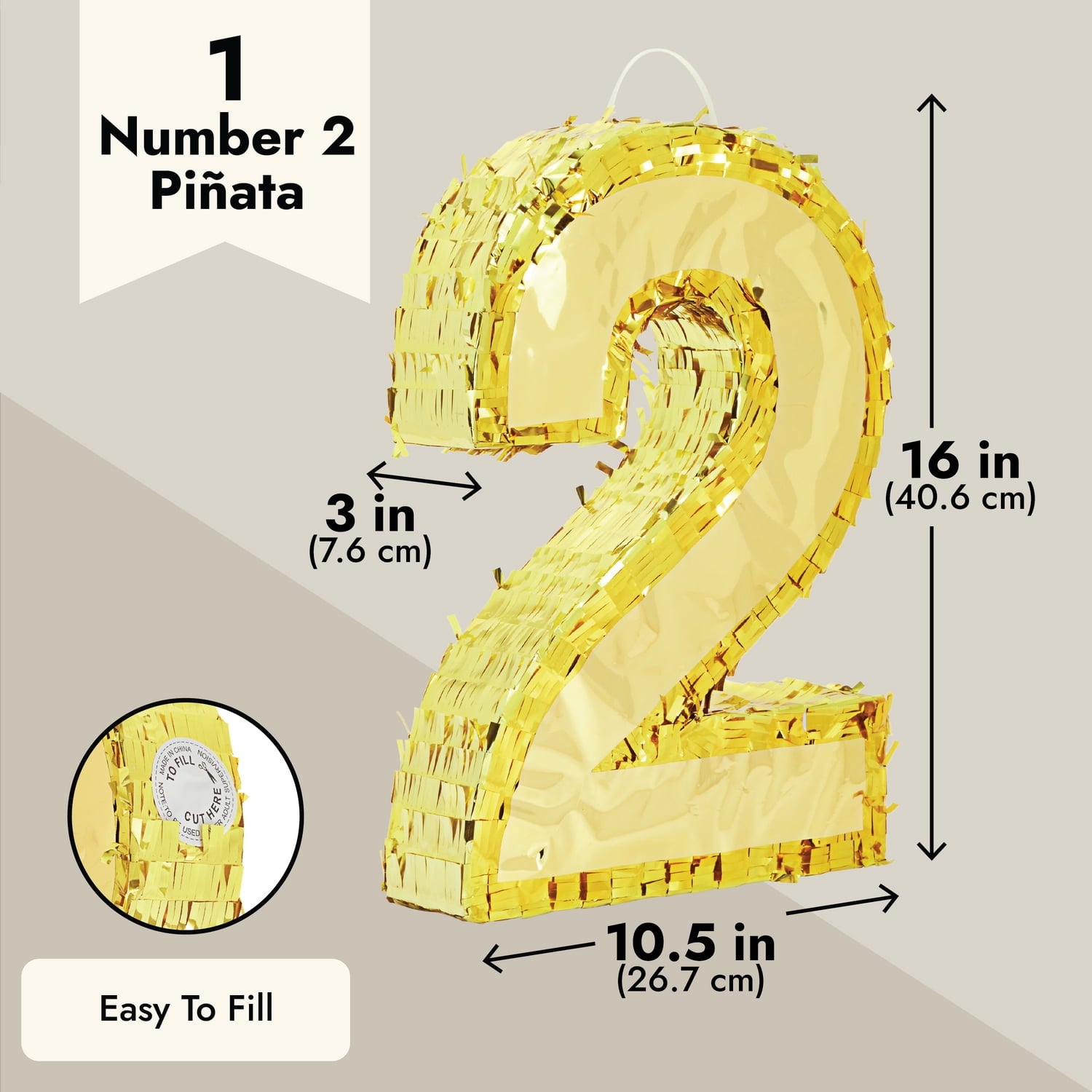 Juvale Gold Foil Number 2 Pinata for Kids Ages 3-14 Birthday Party Decorations, Centerpieces, Anniversary Celebrations, Small (16 x 10.5 x 3 in)