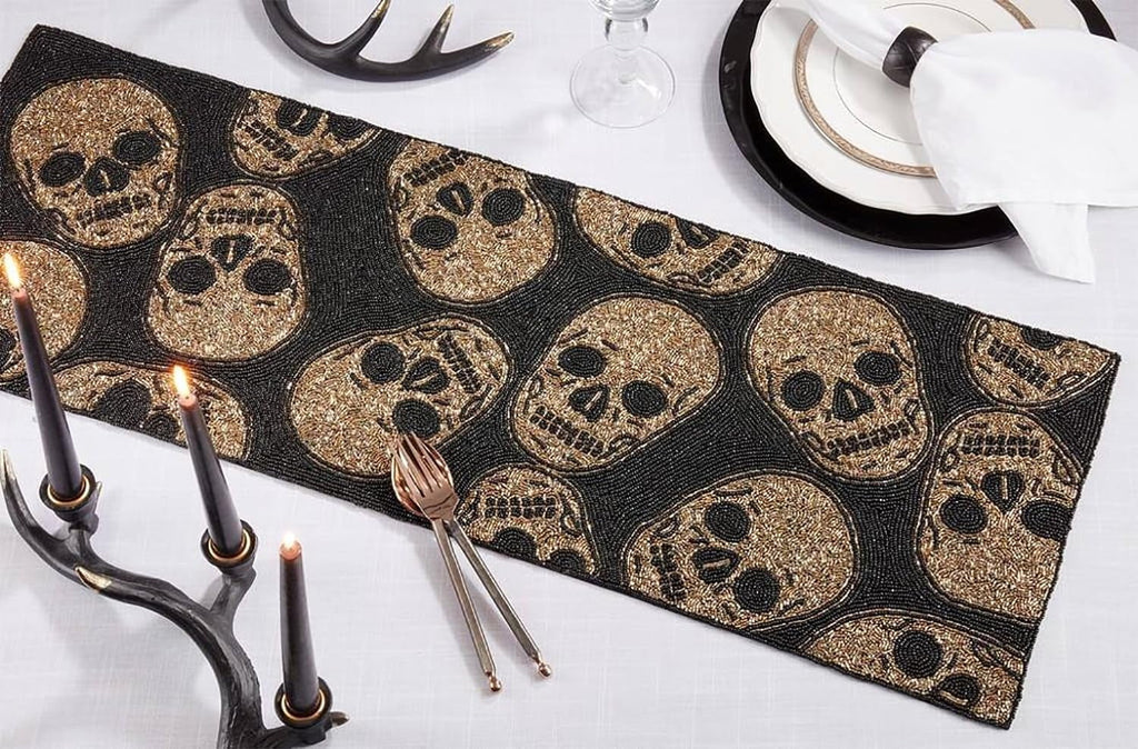 Fennco Styles Hand Beaded Skulls Decorative Table Runner 13" W x 35" L - Dark Gold and Black Sparkling Table Cover for Home Halloween Décor, Family Gatherings, Themed Party and Special Events
