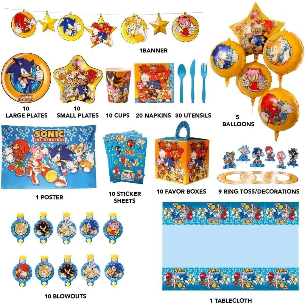 Sonice The Hedgehog Party in a Box Kit 137pcs Plates Balloons Decorations Stickers Poster Blowouts Mighty Mojo