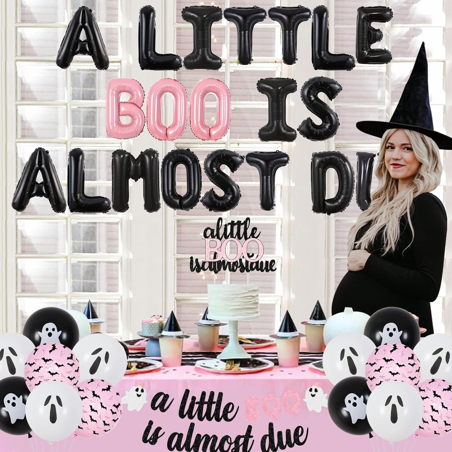 Jollyboom Halloween Baby Shower Decoration Girl, A Little Boo Is Almost Due Baby Shower Decoration Foil Balloon Cake Topper Banner Pink Fringe Curtain for Girl Halloween Baby Shower Party