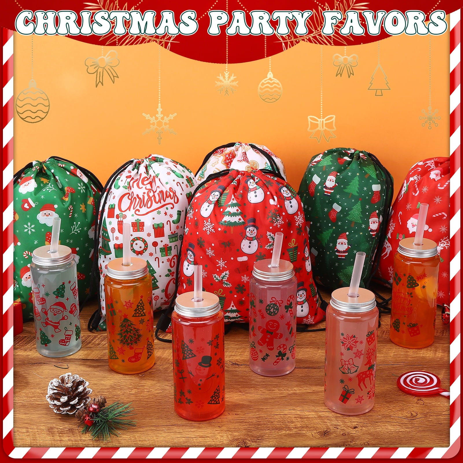 sixwipe 12PCS Plastic Tumbler and 12PCS Christmas Gift Bags, 14.2 oz Christmas Plastic Tumblers with Lids and Straws and Fabric Christmas Wrapping Bags Drawstring Gifts Bag for Presents Party
