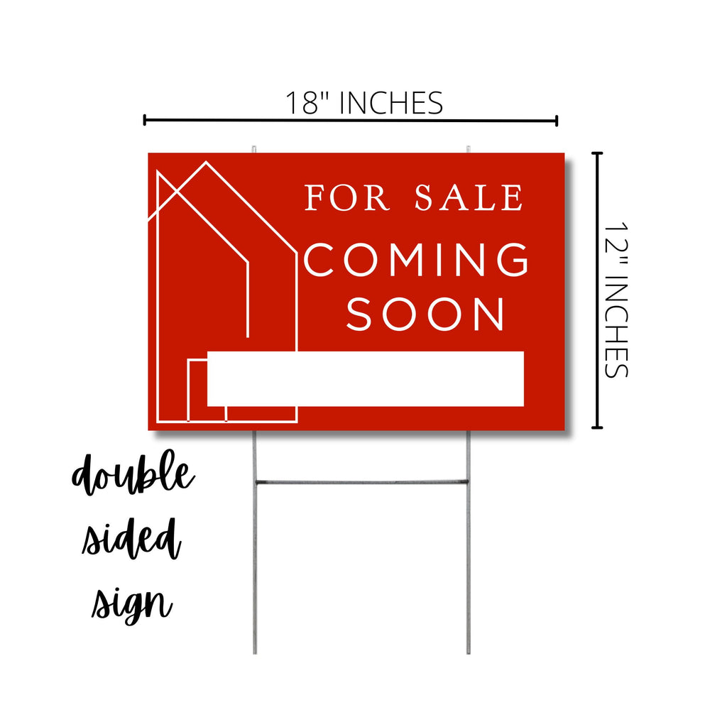Coming Soon Real Estate Sign for Home  12 x 18 Yard Sign with H Frame Stake Home Double Sided Open House Realtor For Sale by Owner Classy Red White Minimalist Modern