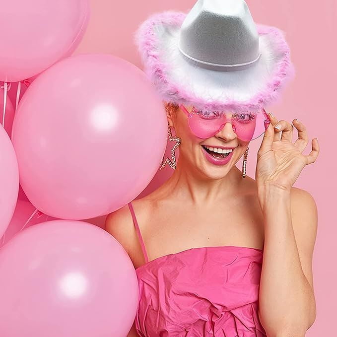4E's Novelty Cowgirl Hat with Pink Feather Boa & Heart Shaped Sunglasses, Cowboy Hat Costume for Women & Girls