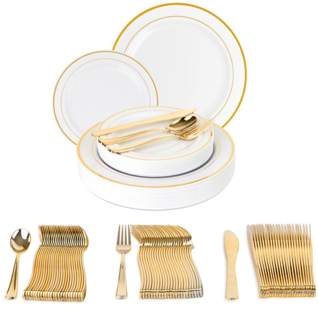 Impresserve Elegant Gold Disposable Plastic Dinnerware Set - 125 Pieces with Plates and Utensils for 25 Guests