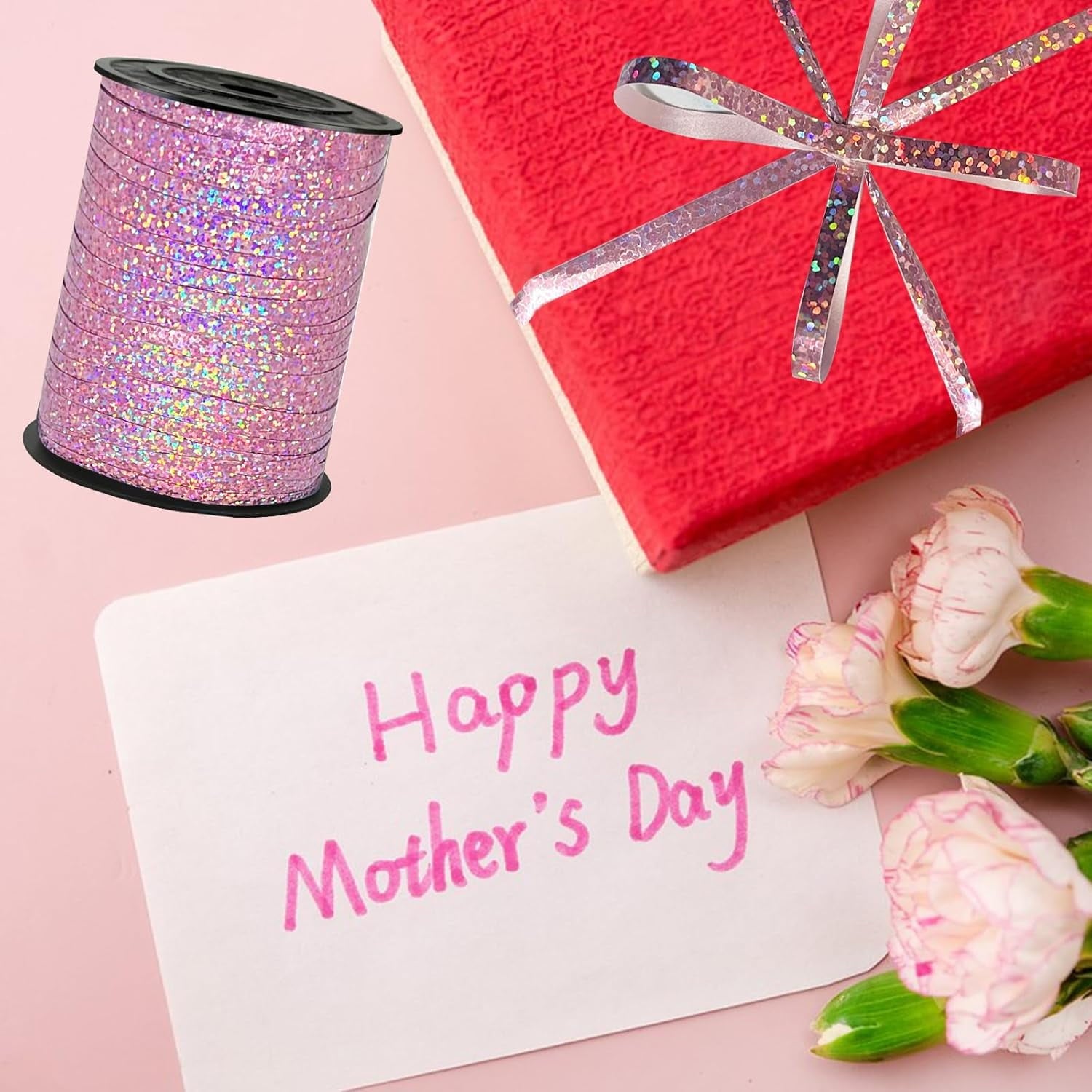 Metallic Shiny Curling Ribbon，400m，0.5cm for Crafts,Gift Wrapping, Balloon String, Baby Shower, Parties & Festivals, Florist Flowers (Laser Pink)