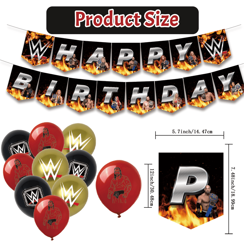 82 Pcs For Wrestling Party Decoration Set – Includes Banner, 18 Balloons, 50 Stickers, and 13 Cupcake Toppers for Themed Celebrations