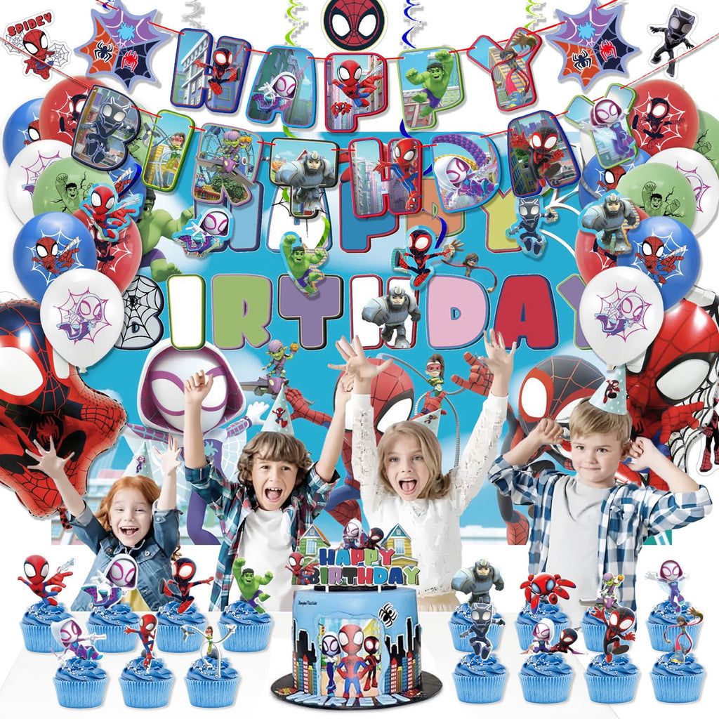 Party Supplies For Spidey & His Amazing Friends 97-Piece Party Kit | Superhero Birthday Decorations with Backdrop, Banner, Foil Balloons, Latex Ballons, Hanging Swirls,  Cupcake Toppers & 51 Stickers