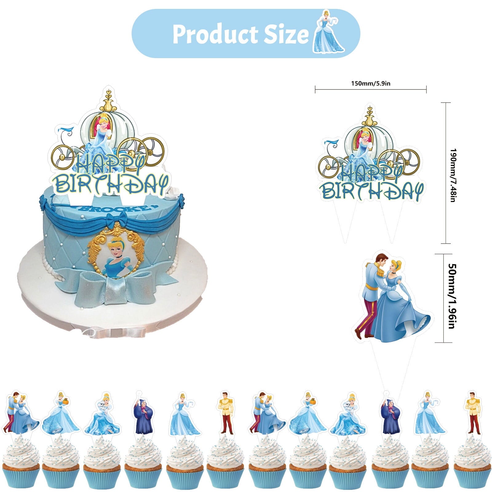 40PCS For Cinderella Birthday Party Decorations,With 1 Happy Birthday Banner Garland,2 Foil Balloons,6 Hanging Swirls,13 Cupcake Toppers,18 Balloons for Party Supplies
