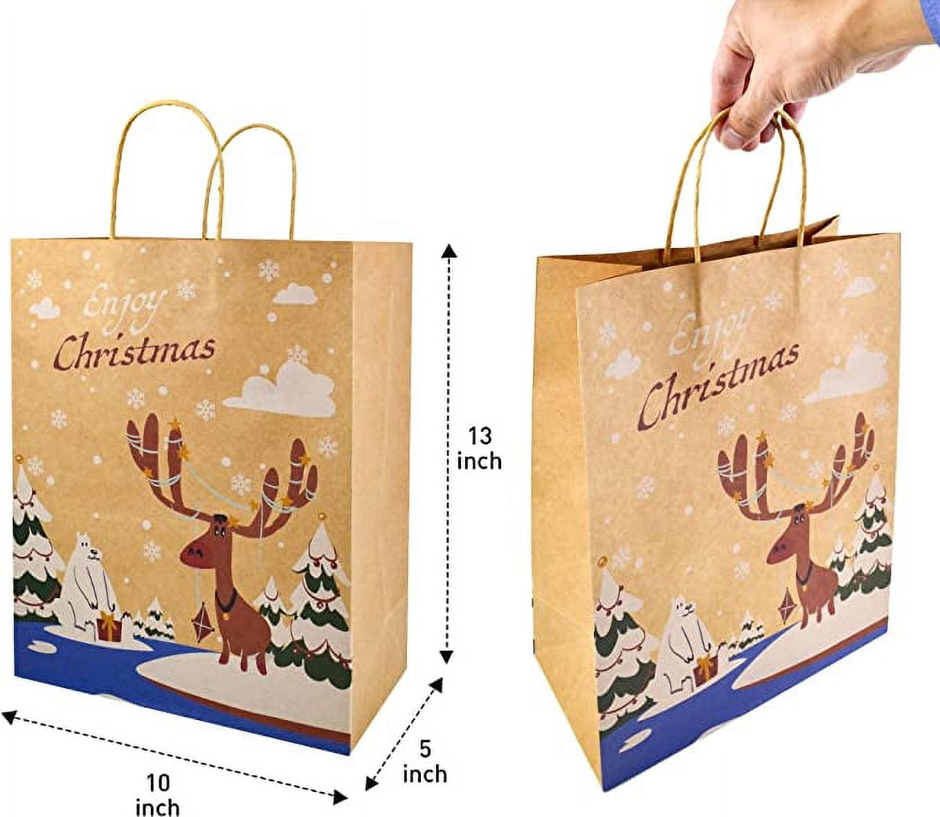 JOYIN 24 Pcs Christmas Kraft Paper Gift Bags, 10X 13 X5'' Large Gift Bags with 8 Designs for Christmas Holiday Present Wrapping Décor, Xmas Goodie Bags Party Supplies