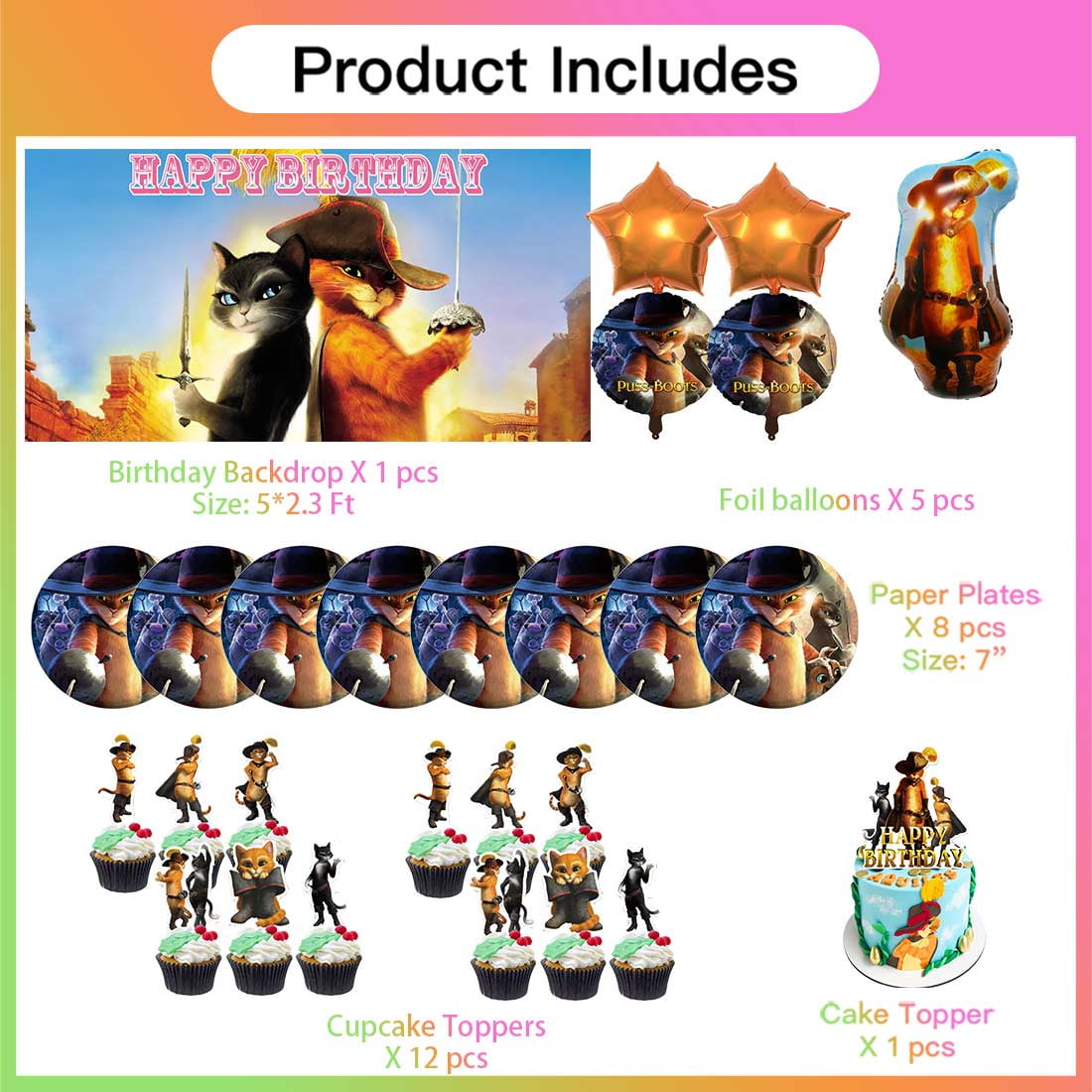 Puss in Boots Party Supplies Decor Tableware Backdrop Banner Cake Topper Balloons Birthday Decorations