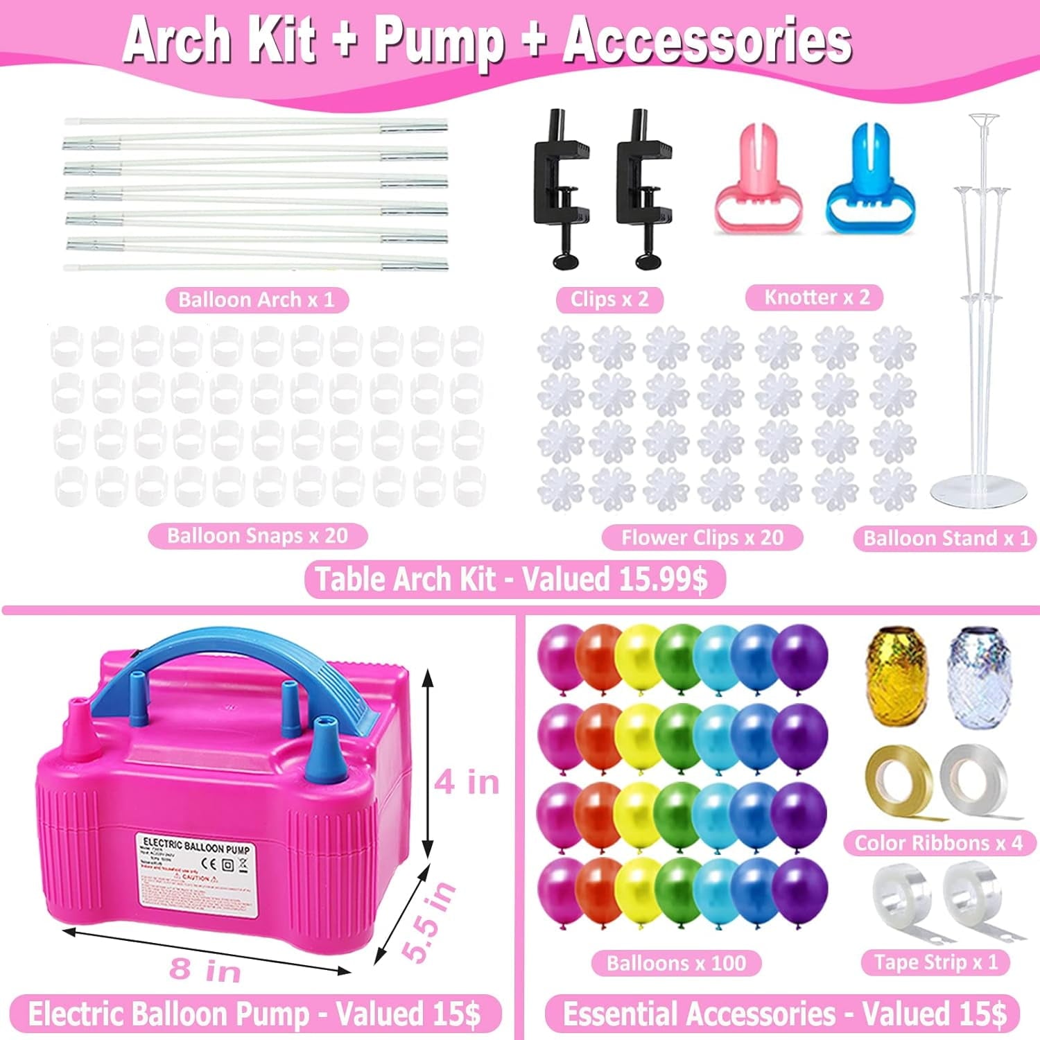 Balloon Arch Kit and Balloon Pump Electric, 10ft Wide Adjustable Balloon Arch Stand With 100Balloons 2Balloon Stands For Wedding Anniversary Birthday Baby Shower Party Decoration Graduation Ceremony
