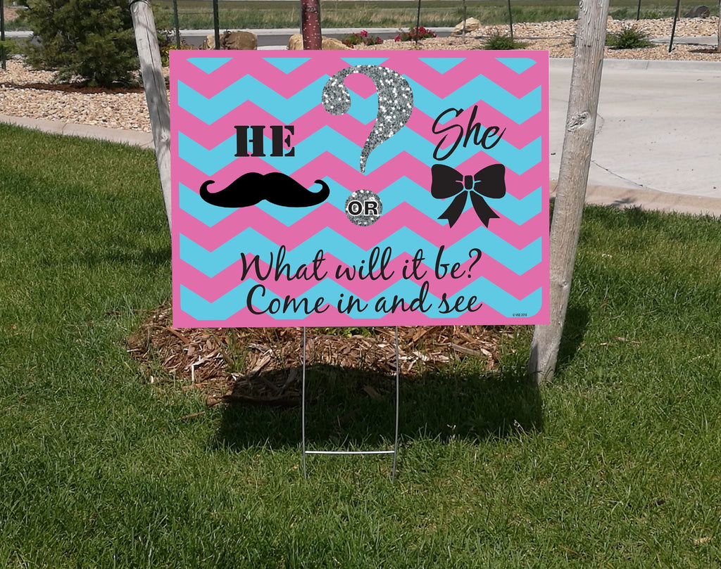 18x24 "Gender Reveal Party" double sided lawn sign kit with 6x24 H-stakes. Brightly colored Pink, Blue, Black and Silver on white 'He or She?" sign with Directional Arrow sign included