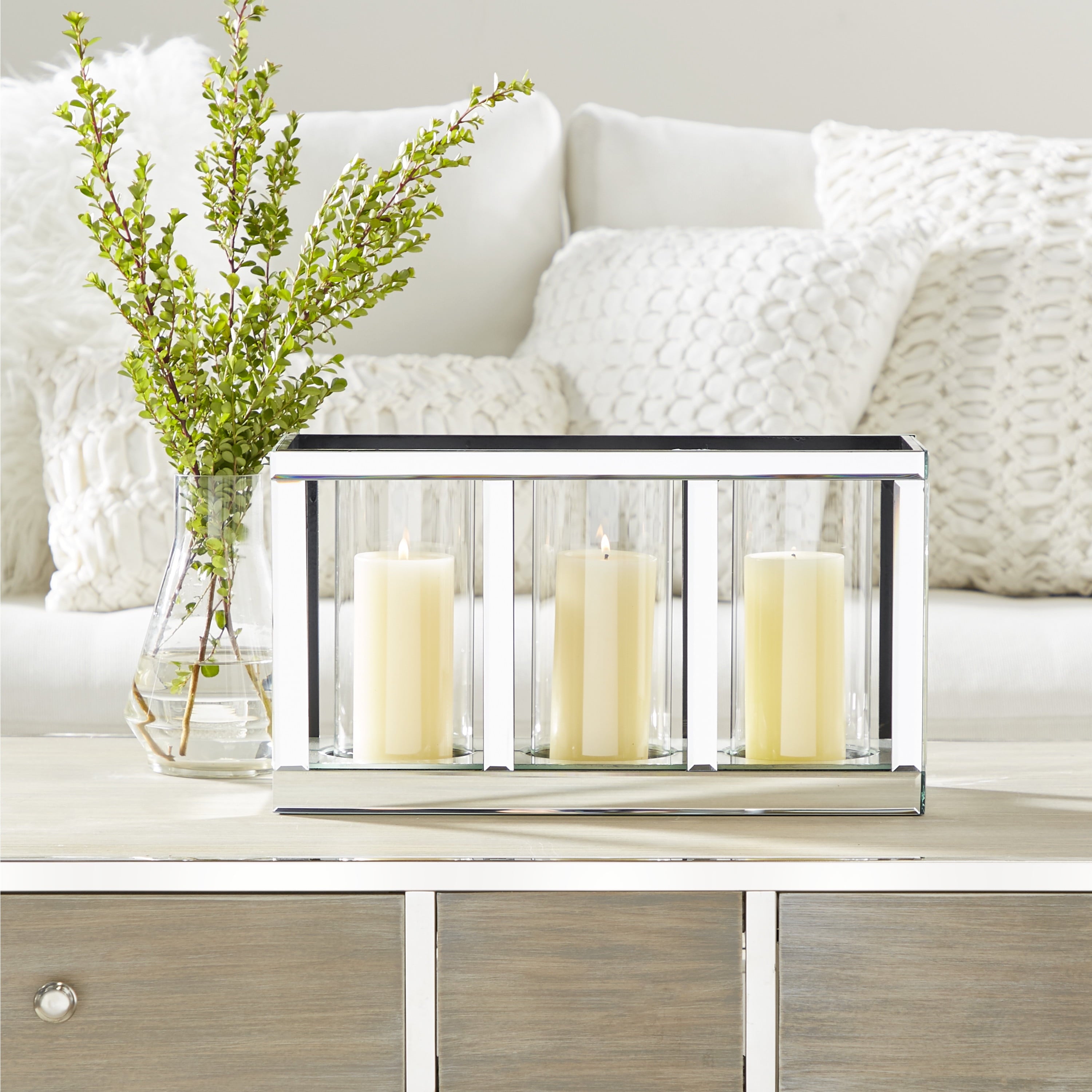 DecMode 3 Holder Silver Glass Pillar Candelabra with Mirrored Accents