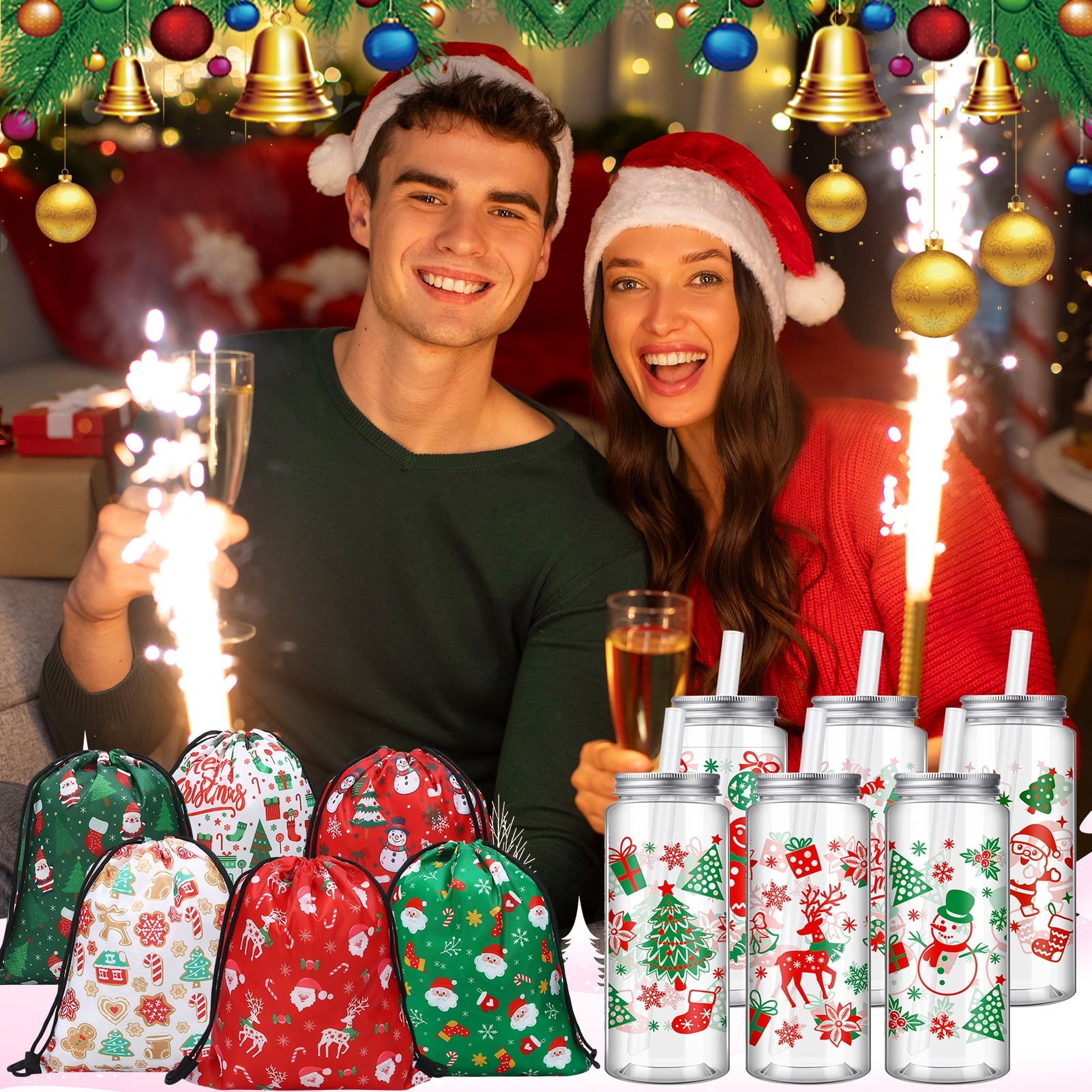 sixwipe 12PCS Plastic Tumbler and 12PCS Christmas Gift Bags, 14.2 oz Christmas Plastic Tumblers with Lids and Straws and Fabric Christmas Wrapping Bags Drawstring Gifts Bag for Presents Party