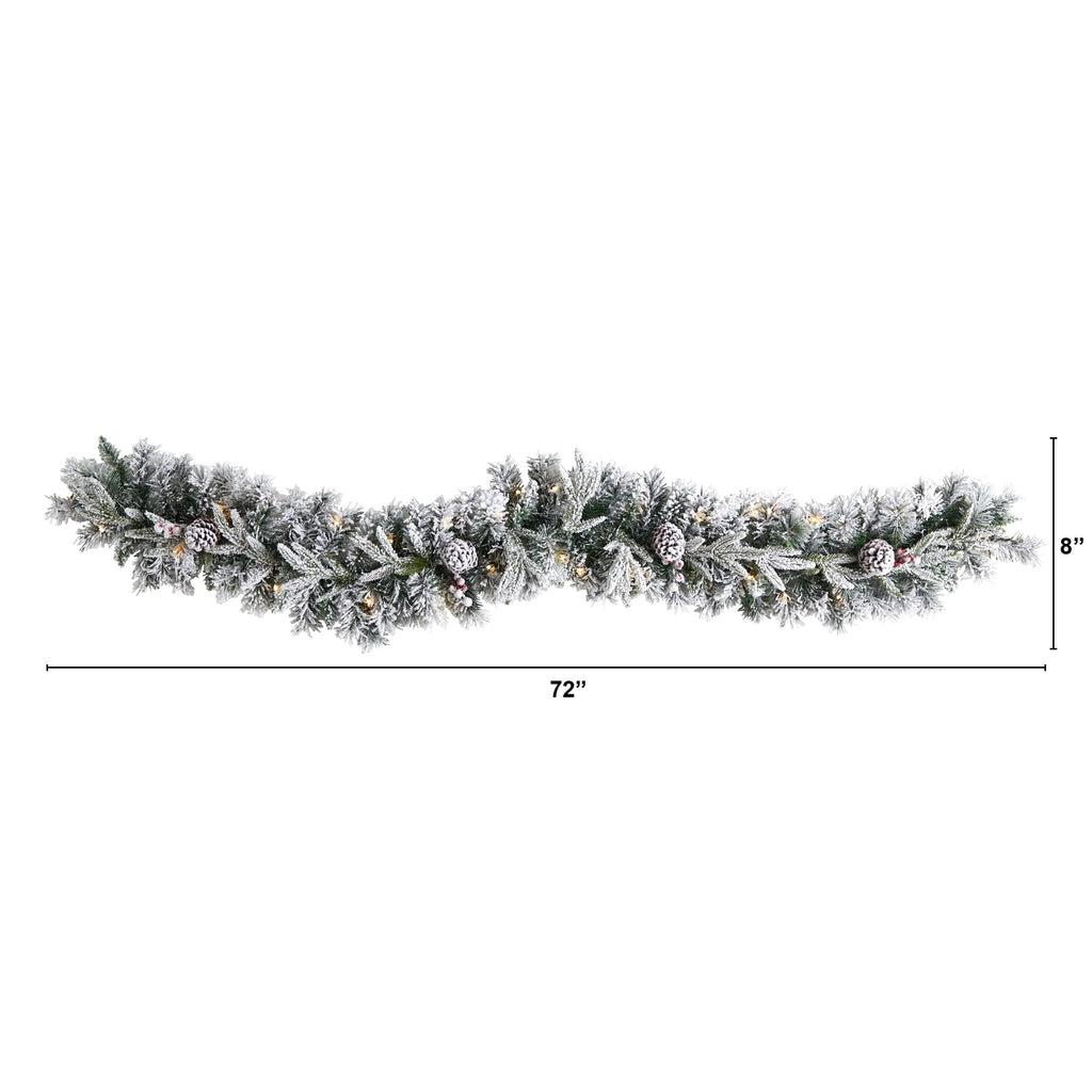 Nearly Natural Christmas Flocked Pine White Prelit LED Battery Operated Garland, 72" (White)