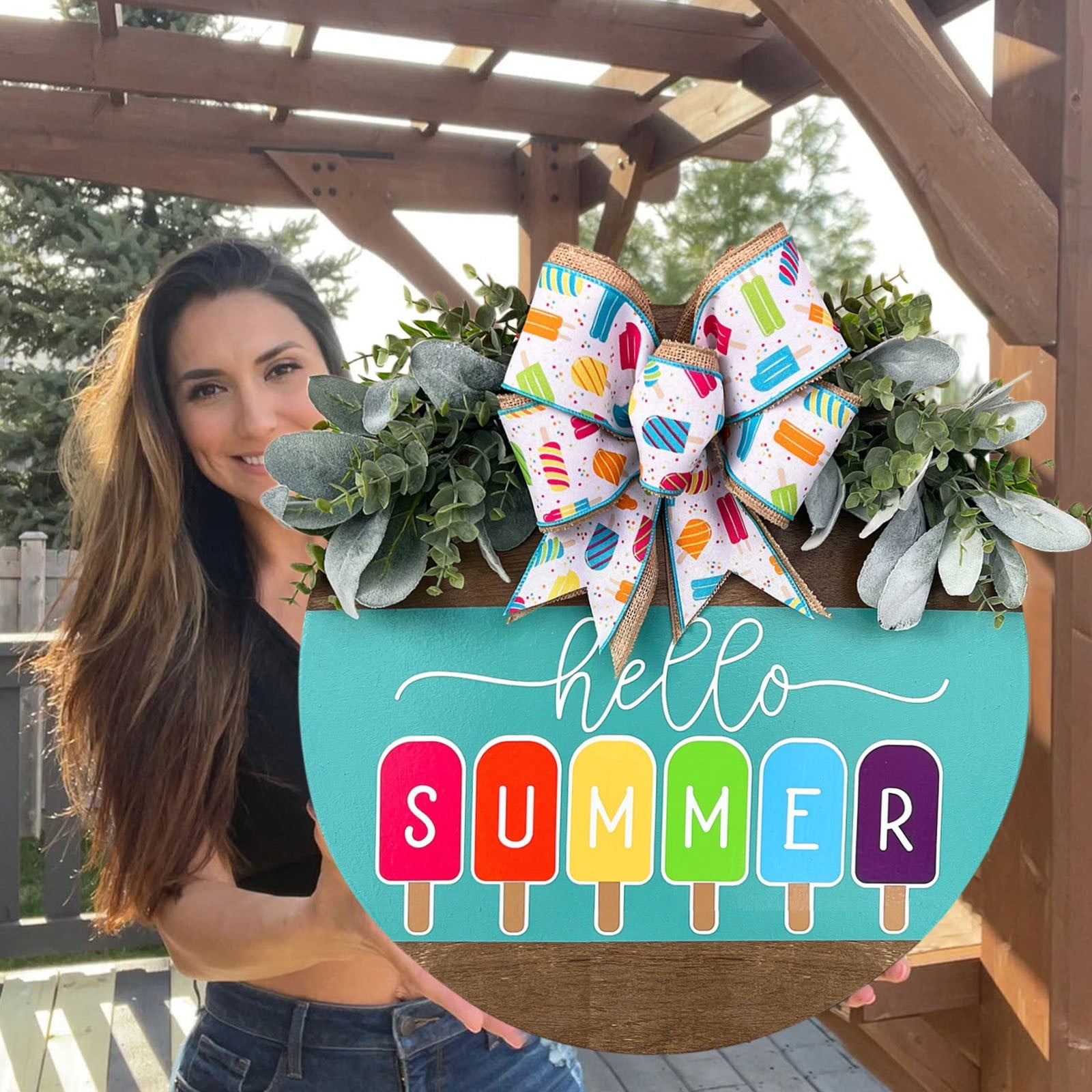 Embellished Front Porch, Wooden Blue In Wreaths For Front Door, Summer Door Hanger Welcome Sign Hello Round Front Wreath Farmhouse With Bow Spring Wreaths For Outside Decor