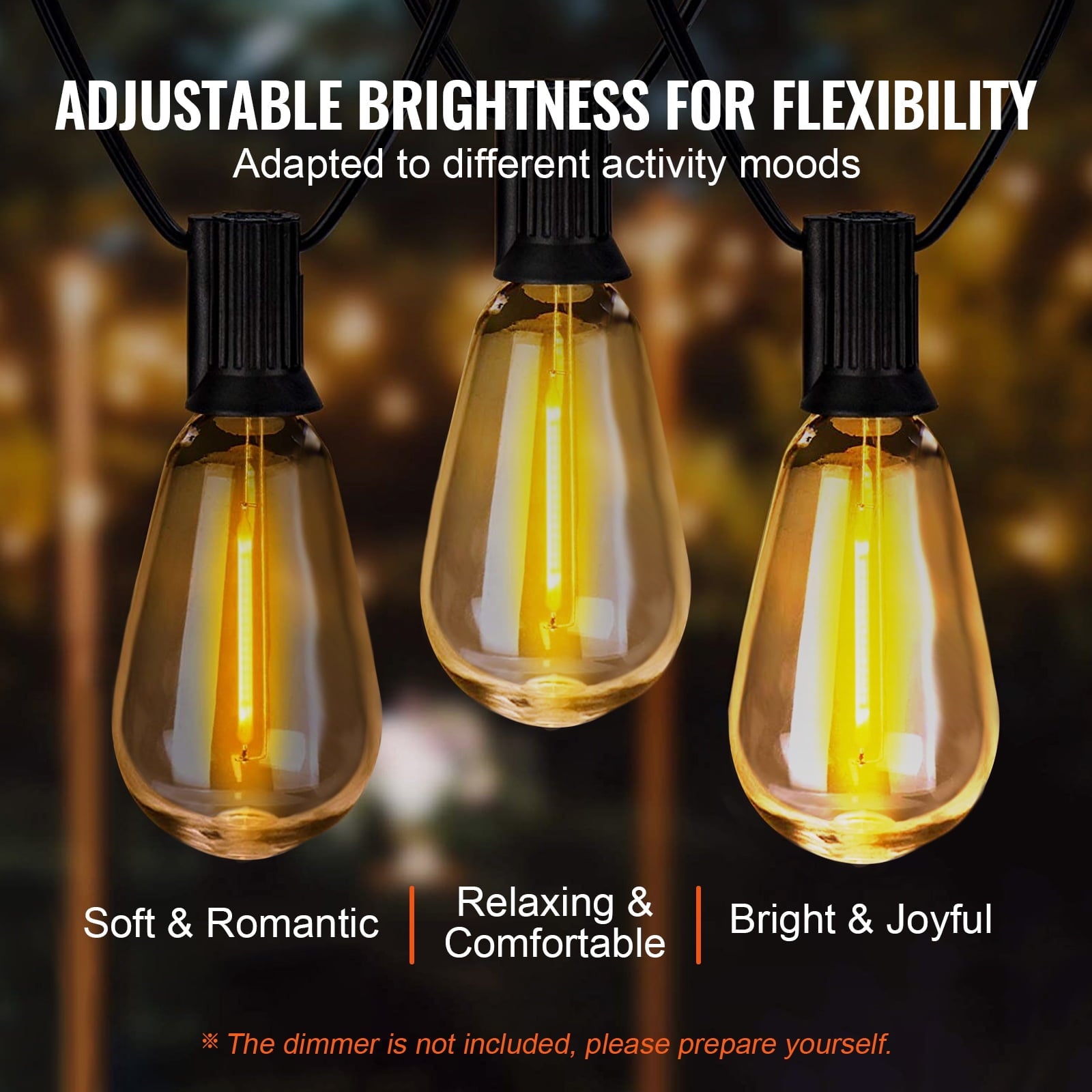 KFFKFF LED Exterior Illumination Strings, 50FT, 2700K Adjustable Brightness Terrace Lights, Includes 15 S14 Durable Bulbs with E12 Socket Base, Water-Resistant Suspended Lights for Veranda, Backyard