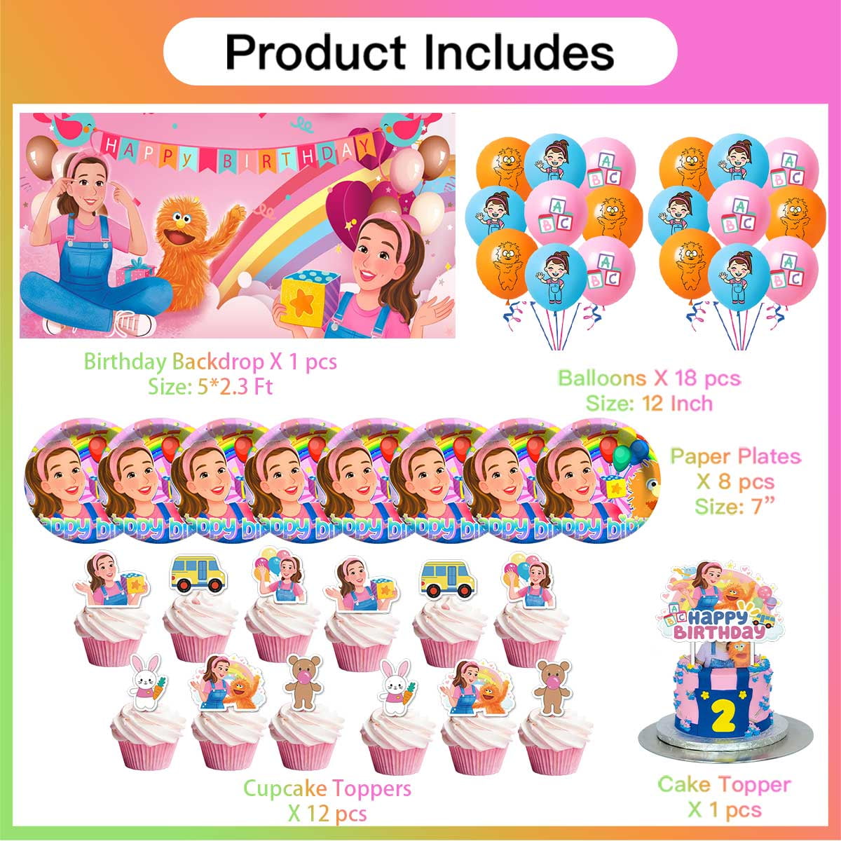 Ms Rachel Party Supplies Birthday Balloons Plates Decoration Cake Topper Decor Tableware Banner Backdrop