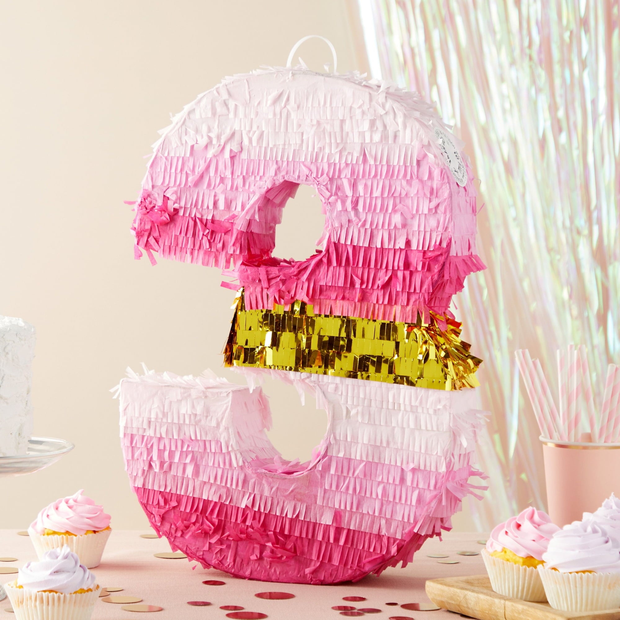 BLUE PANDA Number 3 Pinata, Pink and Gold for Kids Ages 3-14 Birthday Party Decoration, Fun Game and Event Supplies, Small (16.5 x 11 x 3 In)