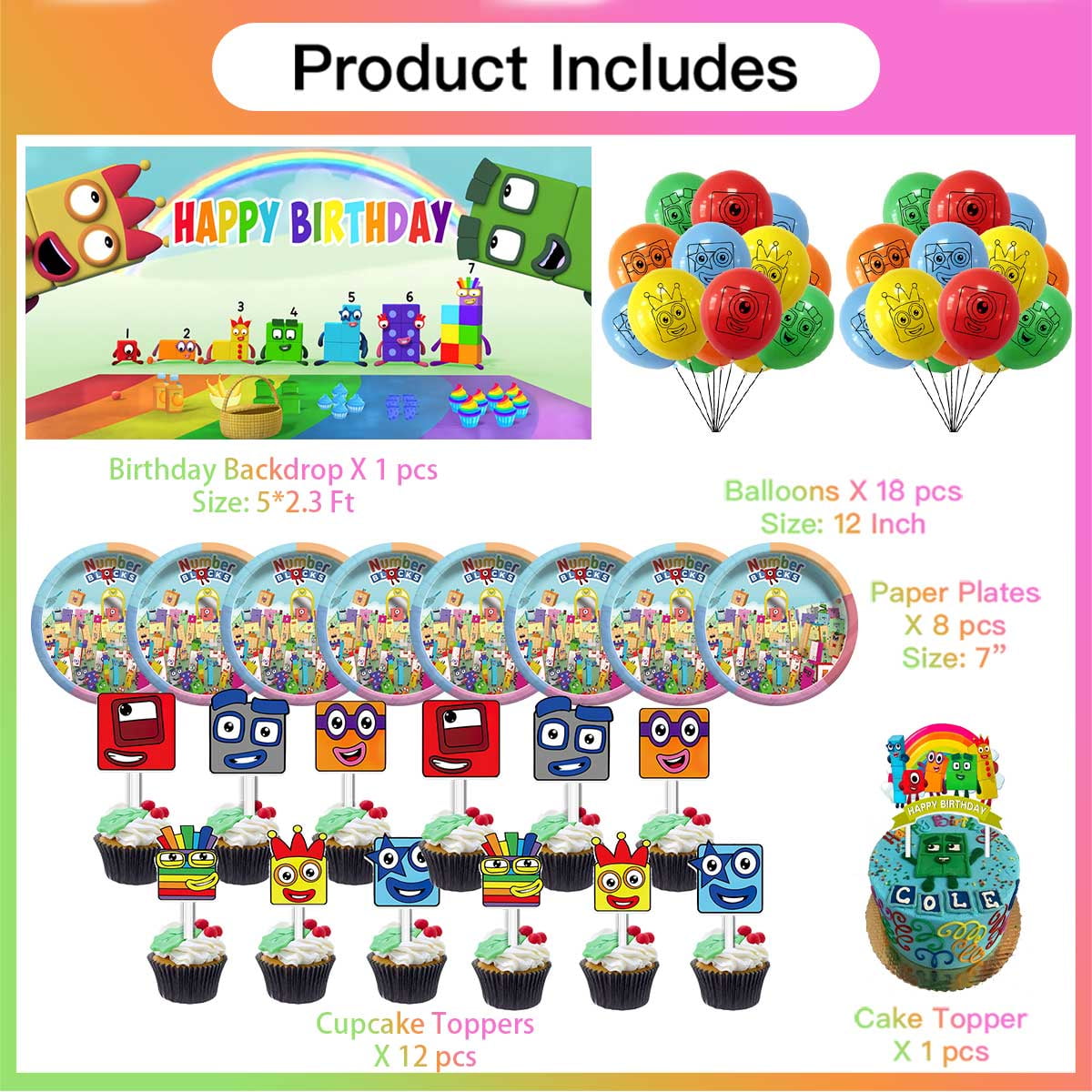 Numberblocks Birthday Party Supplies Balloons Paper Plates Decoration Cake Topper Decor Tableware Banner Backdrop