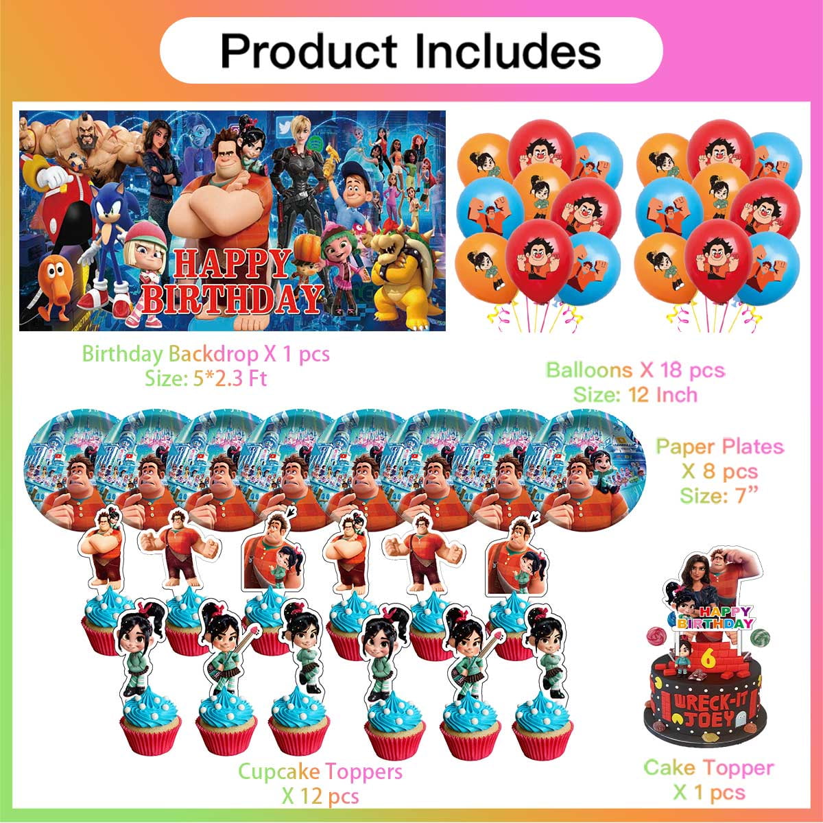 Wreck-It Ralph Birthday Party Supplies Balloons Plates Decoration Cake Topper Decor Tableware Banner Backdrop