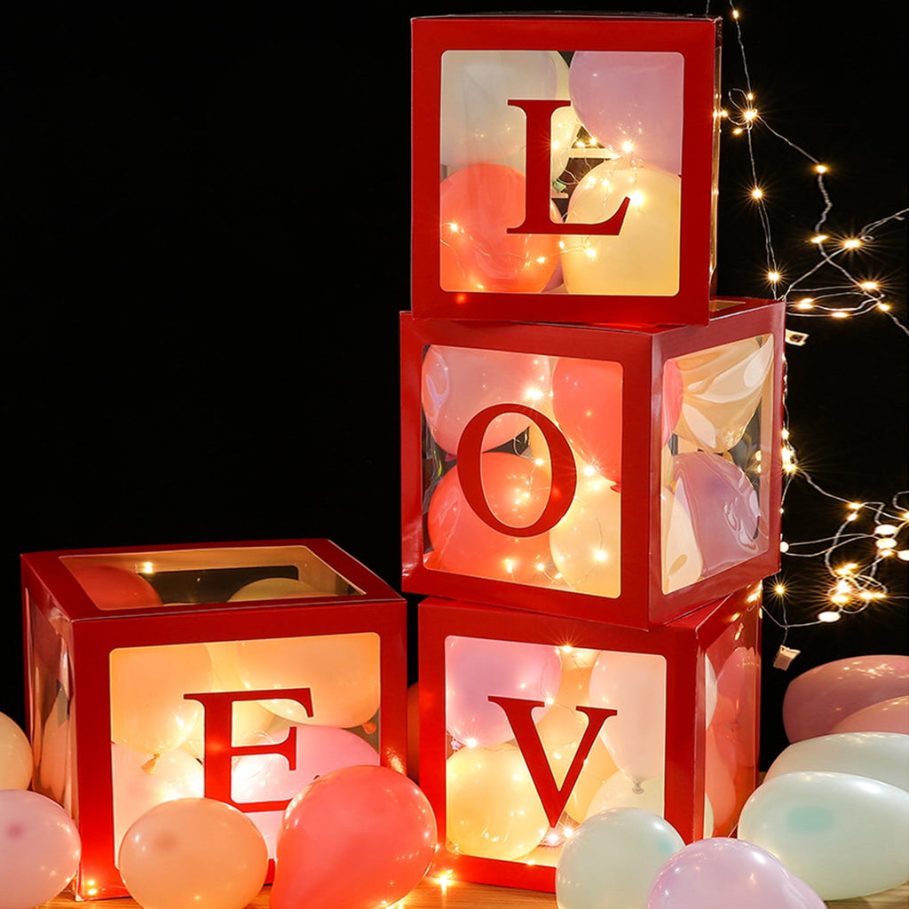 tasrioml 4 Pcs Balloon Box DIY Assembly Transparent Paper Box Balloon Box with Letters Reusable Stackable Cube Decorative Box for Party Wedding Birthday