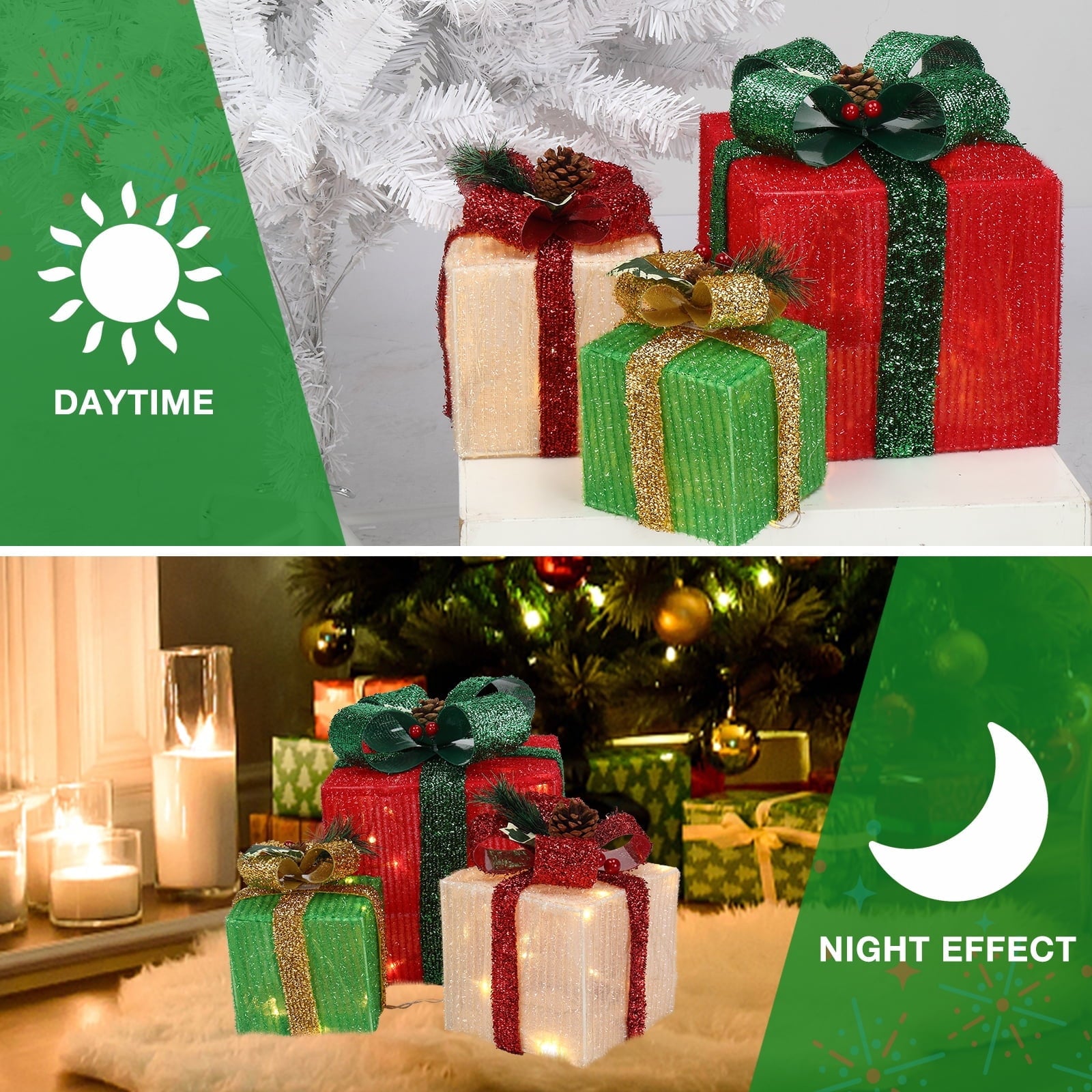 Zimtown 3 Set Lighted Gift Boxes Christmas Decorations Gift Boxes Christmas LED60 Light for Indoor Outdoor Decor