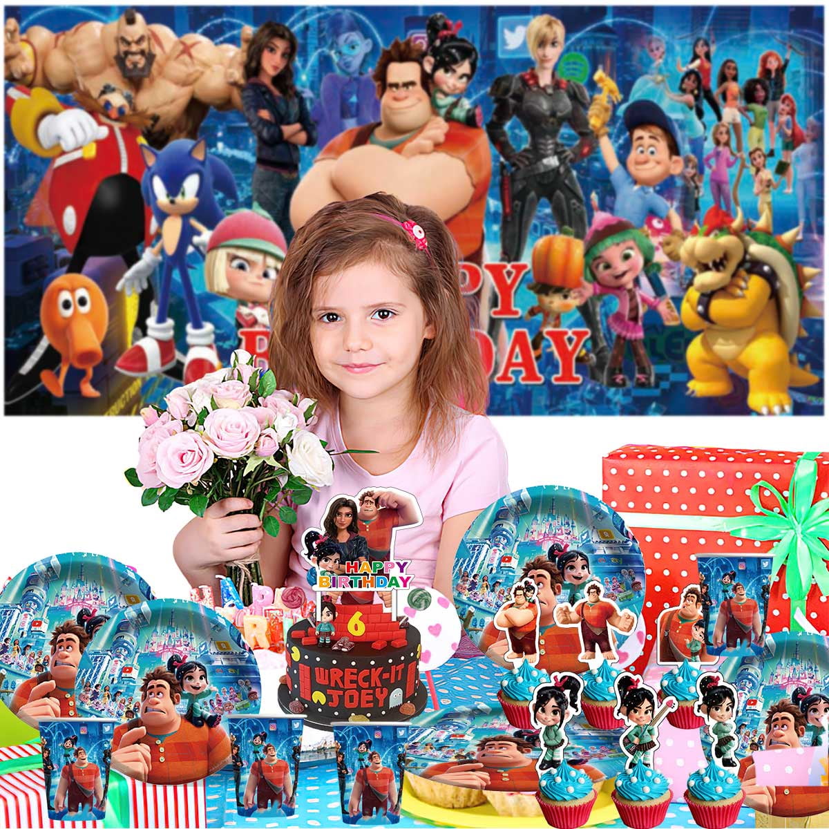 Wreck-It Ralph Birthday Party Supplies Balloons Plates Decoration Cake Topper Decor Tableware Banner Backdrop
