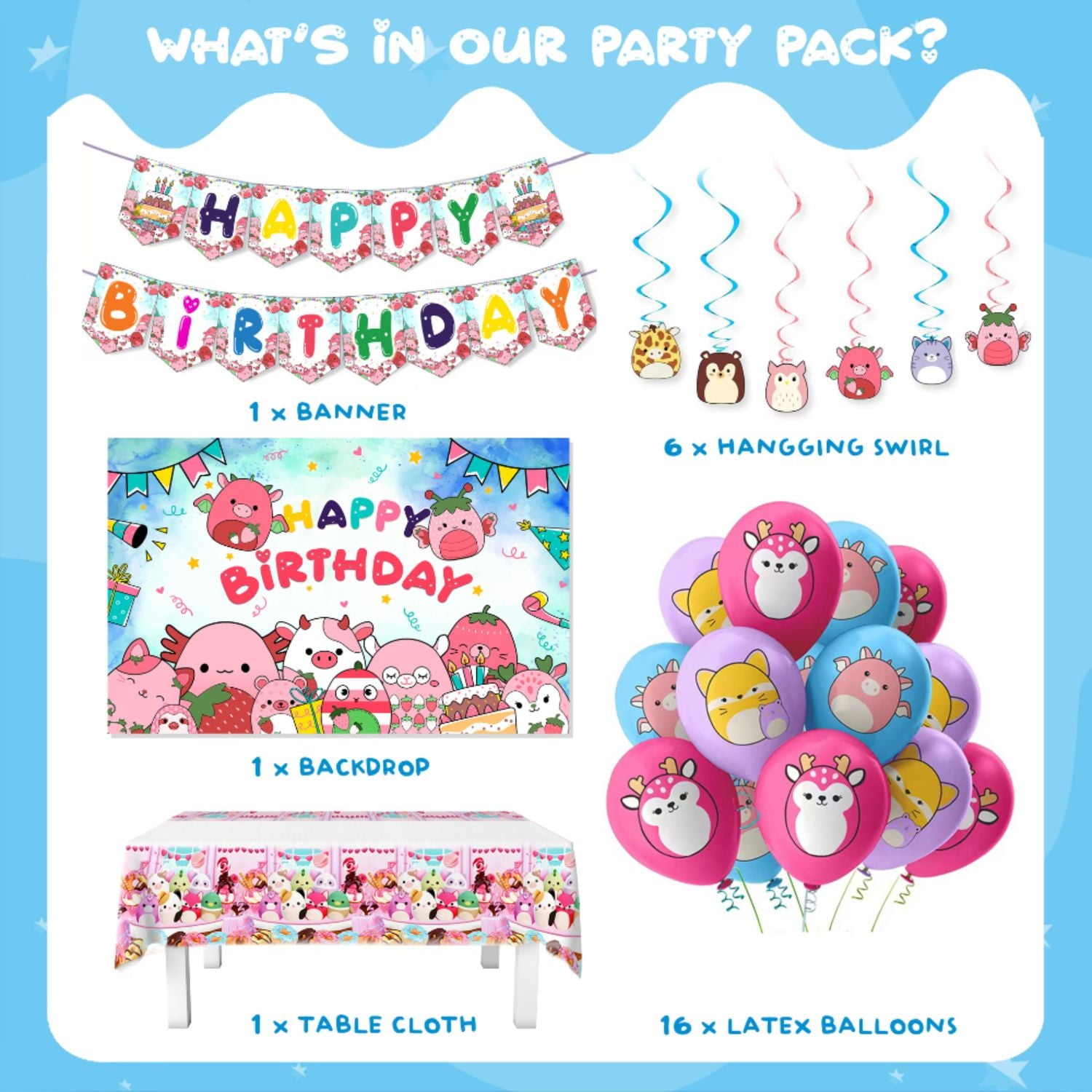 201 Pcs  Squishmallow Birthday Party Decoration, Squishmallow Party Supplies, Party Decorations for Kids Boys Girls Party Favor Include Birthday Banner, Balloons, Backdrop, Cake Topper, Sticker
