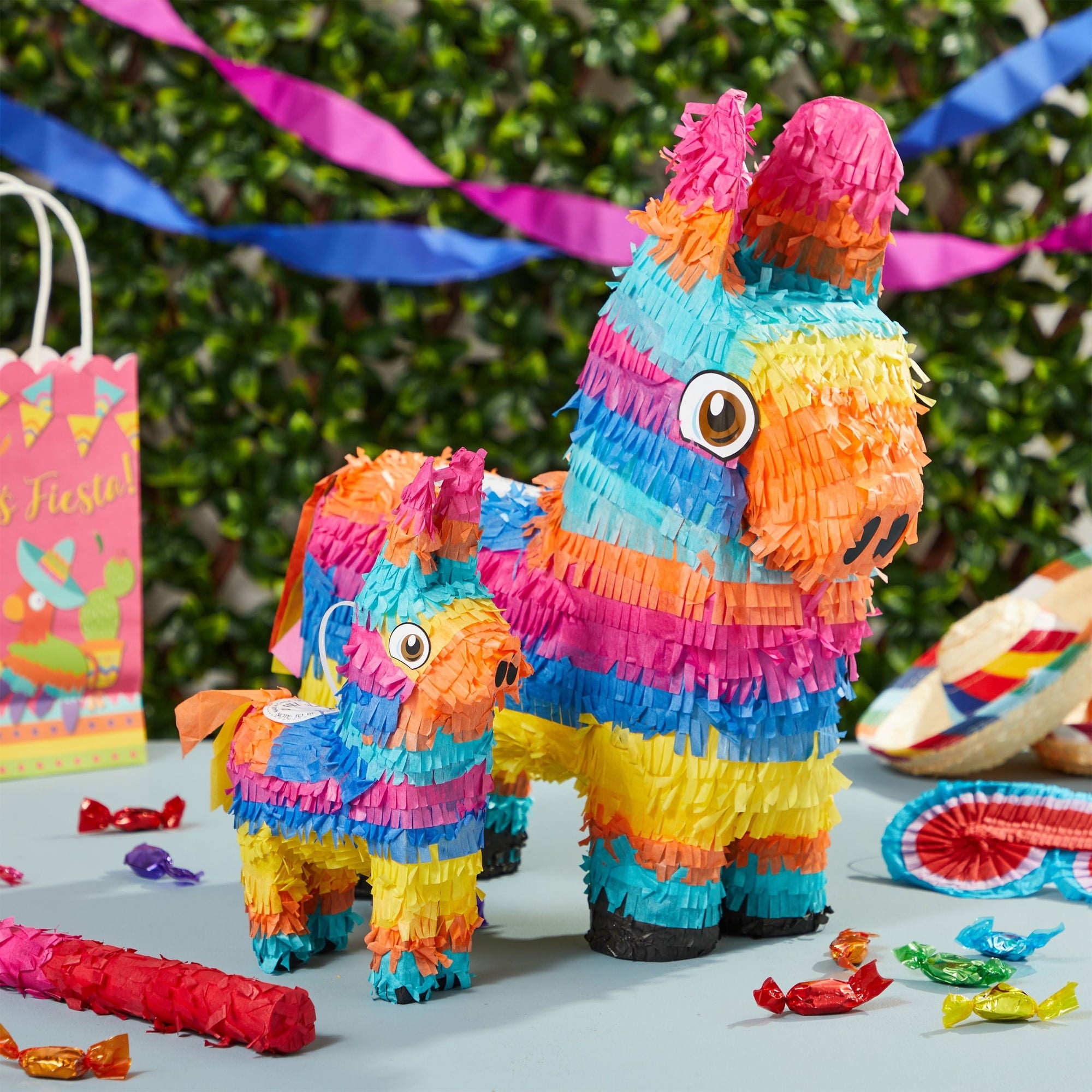 4-Piece Set Small and Mini Donkey Pinata with Stick and Blindfold for Birthday Party, Mexican Fiesta, Cinco de Mayo