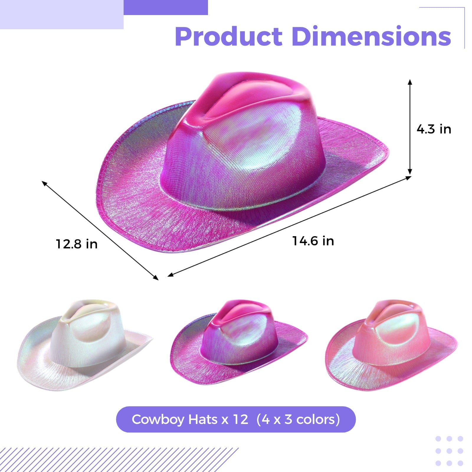12 PCS Neon Gradient Cowboy Hats for Women, Light-Up Fluorescent Wide Brim Hats, Pearl Shiny Finish, Adjustable String, Party and Event Costume Accessory