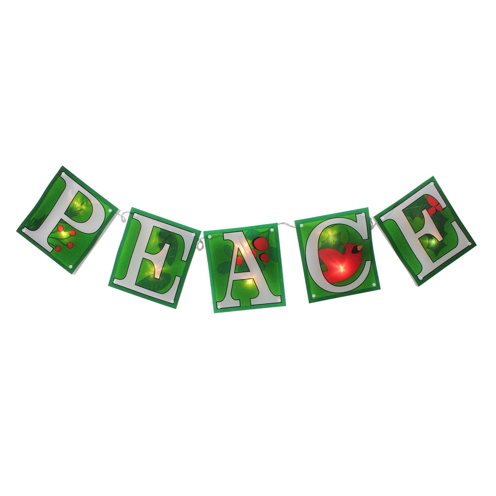 7' Green Shimmering "PEACE" Christmas Light Garland with 10 Clear Mini Lights - White Wire