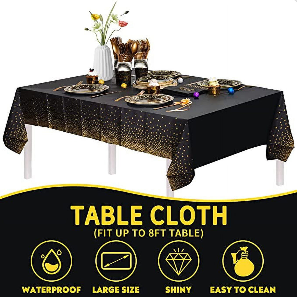 50th Birthday Party Supplies Tableware Serves 24: 9" Paper Plates 7" Plate 9 Oz Cups Napkins Forks Knives Tablecloth 50th Birthday Black & Gold Dot Themed Disposable Dinnerware