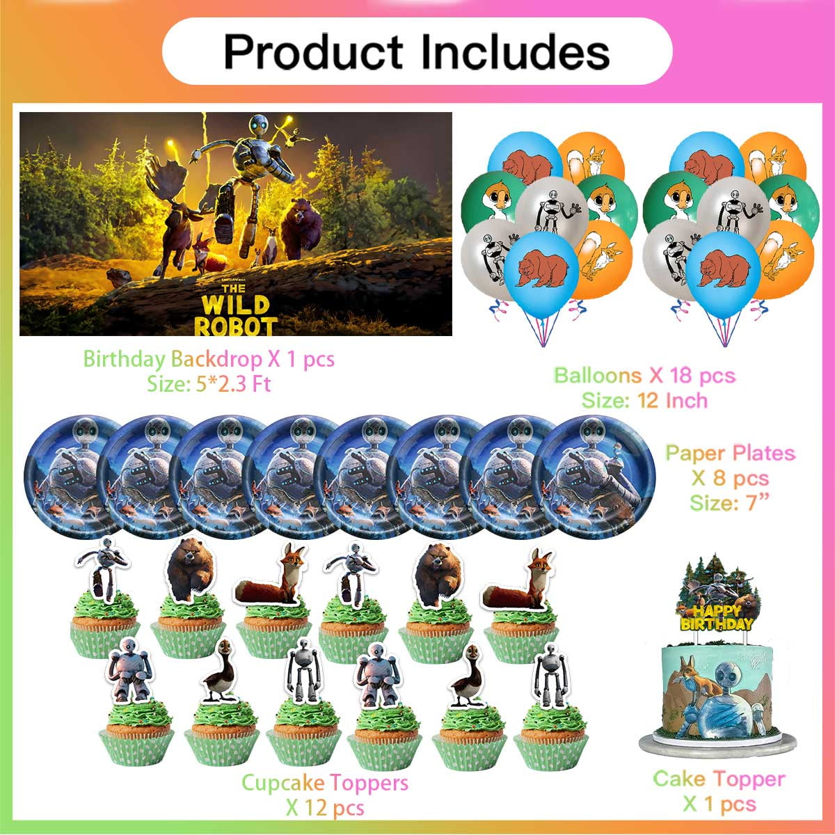 The Wild Robot Birthday Party Supplies Balloons Plates Decoration Cake Topper Decor Tableware Banner Backdrop